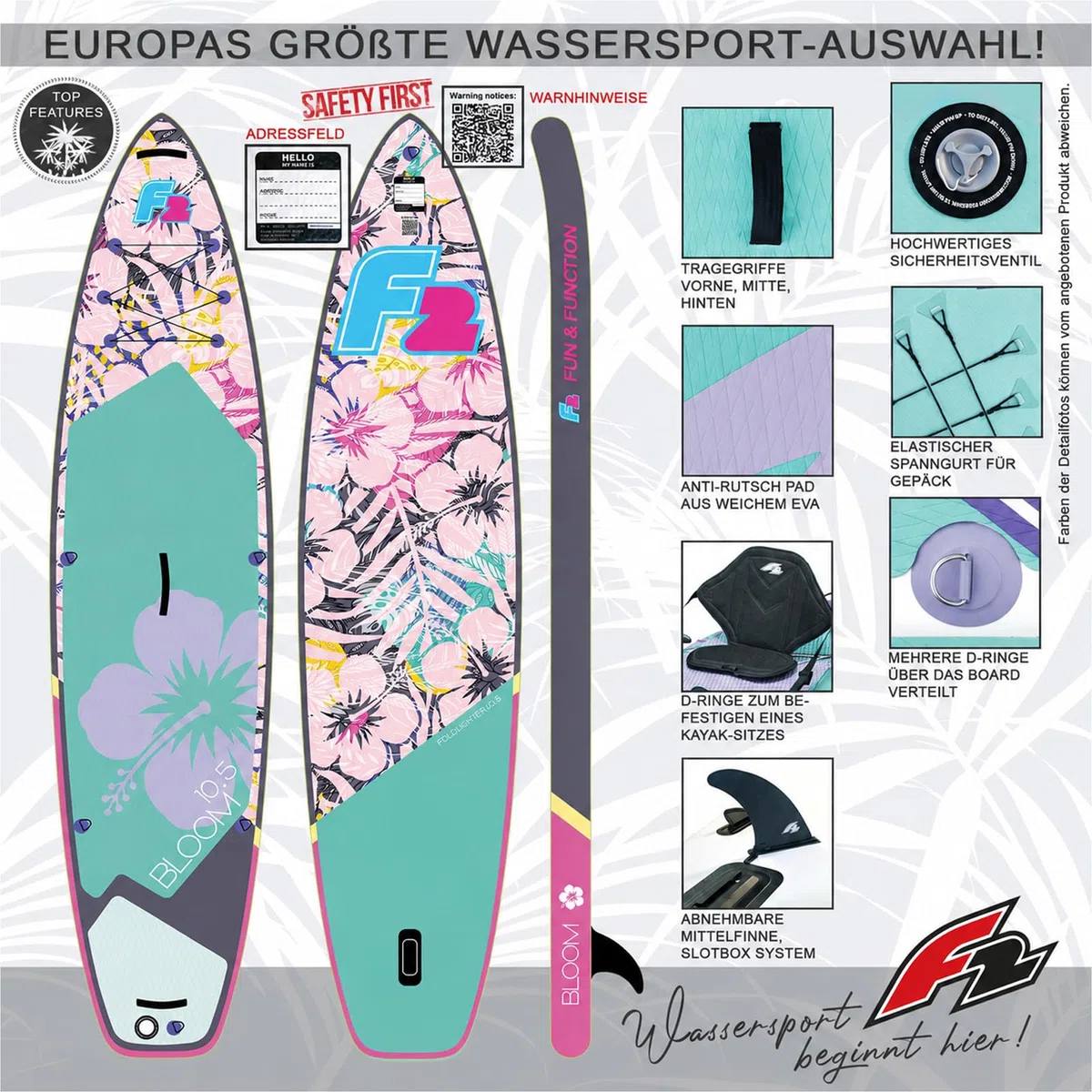 F2 SUP Stand Up Paddle Board Retro Bloom Hibiskus Damen-Größe wählbar