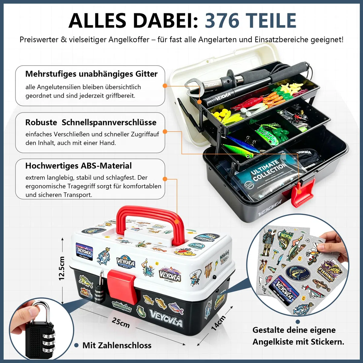 376 Stück Angelzubehör Set,Angelkoffer mit Zubehör- Fischtöter Angelzange Hakenlöser Angelzubehör,Zander,Barsch&ForellenKöder, Angelblei, Haken, Angler Geschenk für Anfänger