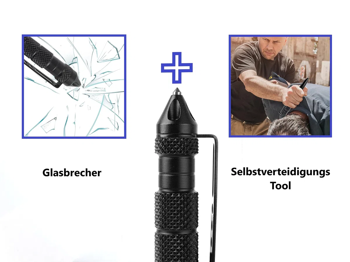 Tactical Pen - Taktischer Kugelschreiber - mit Glasbrecher und Selbstverteidigungs-Tool Kubotan - Multifunktional - EDC - Schwarz