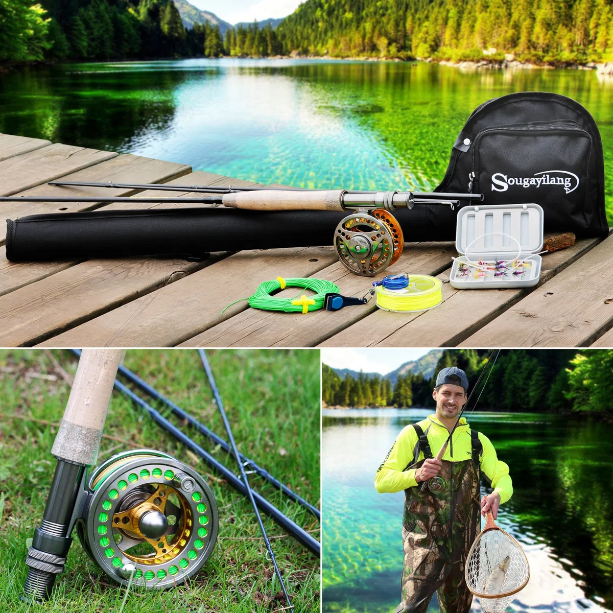 Sougayilang Fliegenfischrute mit Leichter, tragbarer Fliegenrute und Fliegenrolle, komplettes Starterpaket (Golden-7/8)