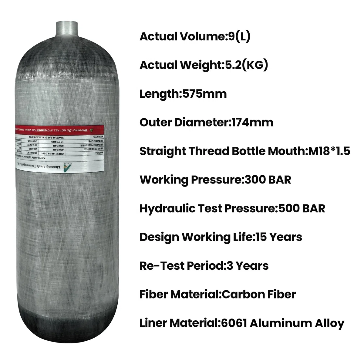 TUDIVING 4500Psi Kohlefaser-Tauchflasche (Nicht DOT-Zertifiziert) 9L 549Cu in 9000CC Hochdruck-Verbundzylinder, Tauchflasche für Schnorcheln und Wassersport