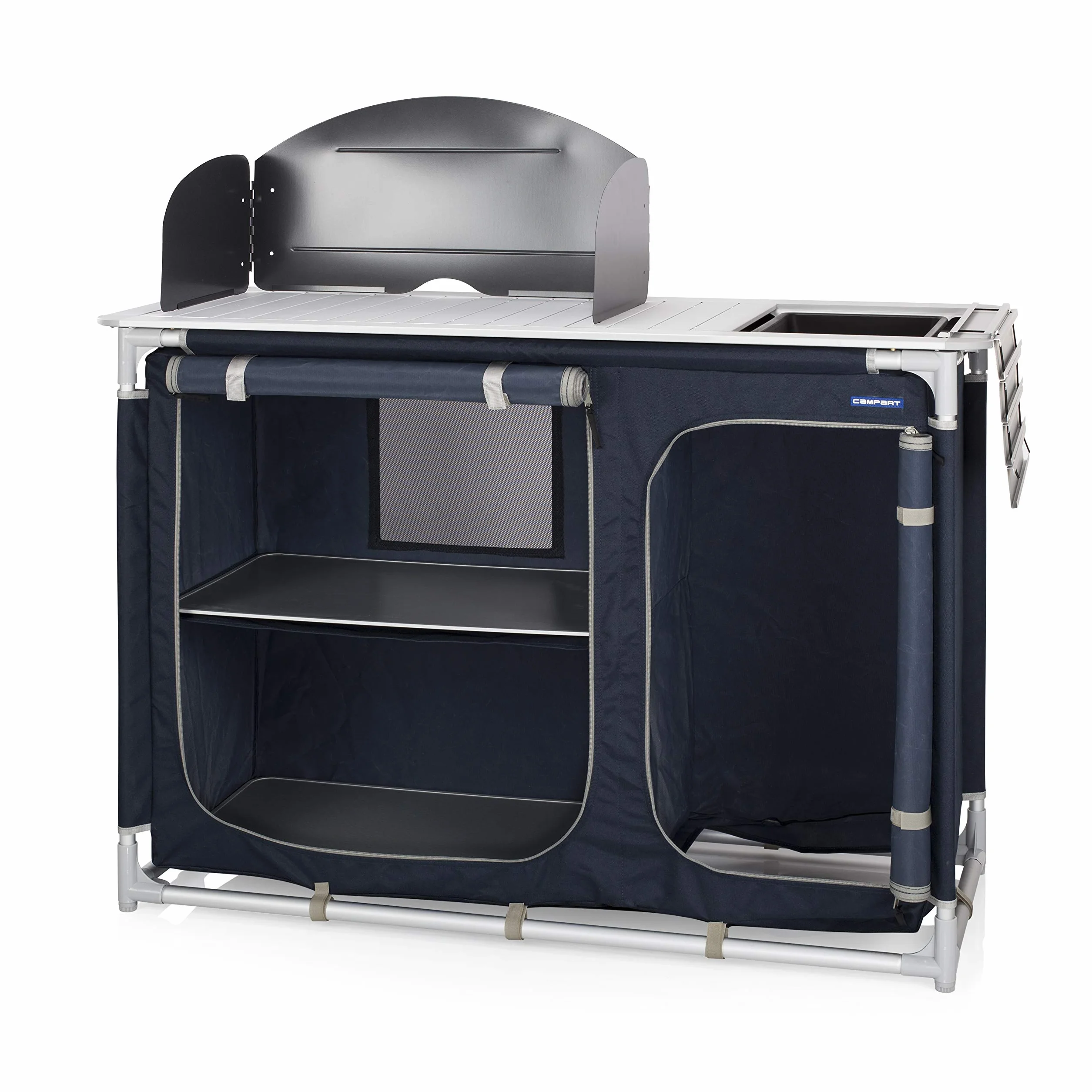 Campart Campingküche mit zwei Aufbewahrungsfächern, Spülbecken und Windschutz, KI-0753, blau