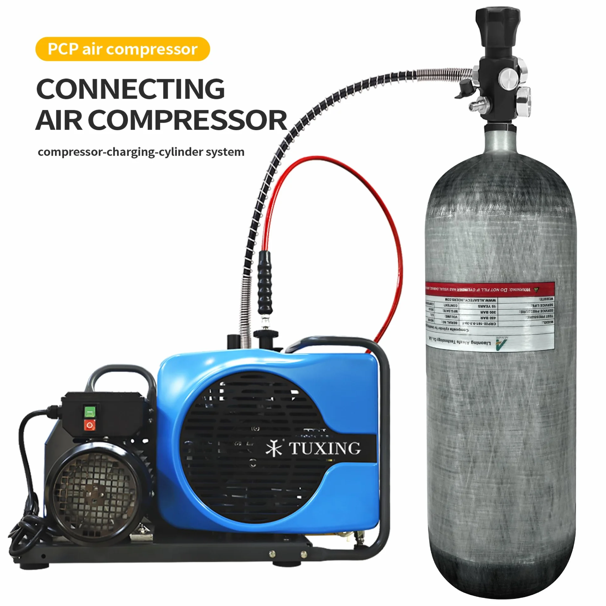 TUDIVING 4500Psi Kohlefaser-Tauchflasche (Nicht DOT-Zertifiziert) 9L 549Cu in 9000CC Hochdruck-Verbundzylinder, Tauchflasche für Schnorcheln und Wassersport