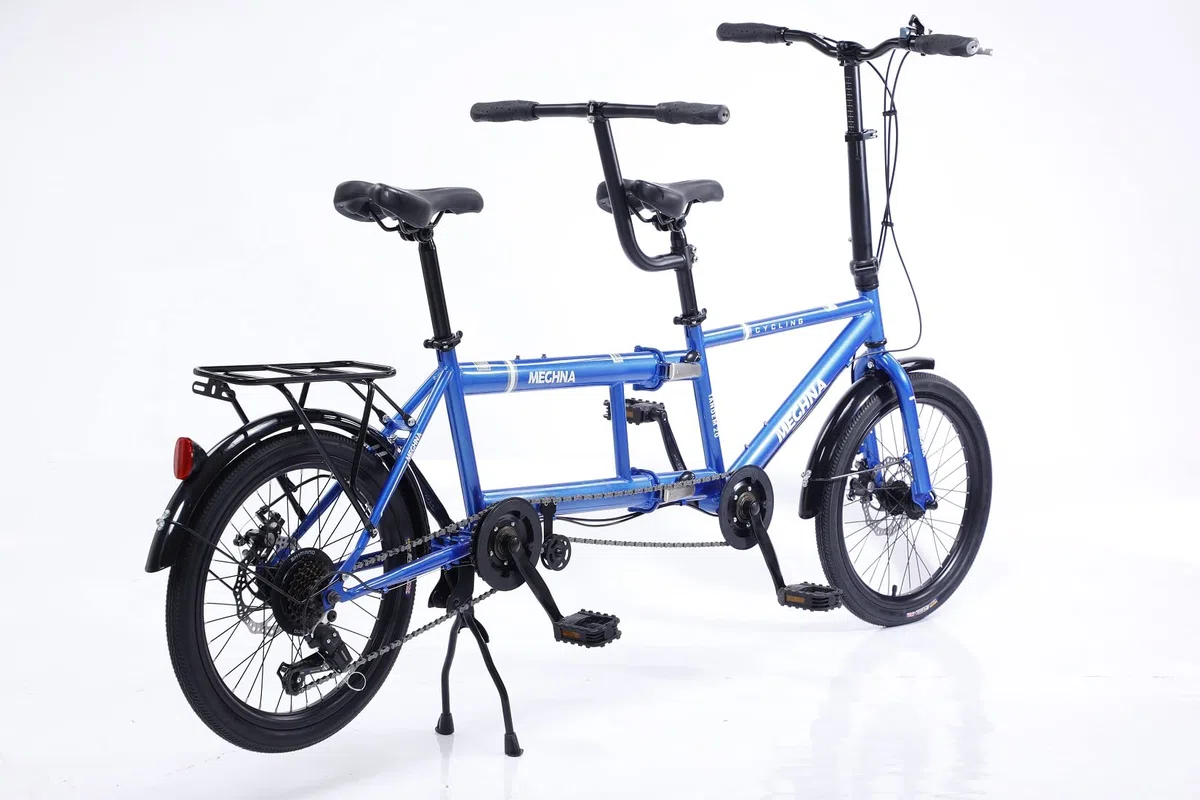 Klassisches Tandem Fahrrad - Faltbare Adult Beach Cruiser Bike mit 7 Geschwindigkeiten, Familie 3-Säseer, Blau
