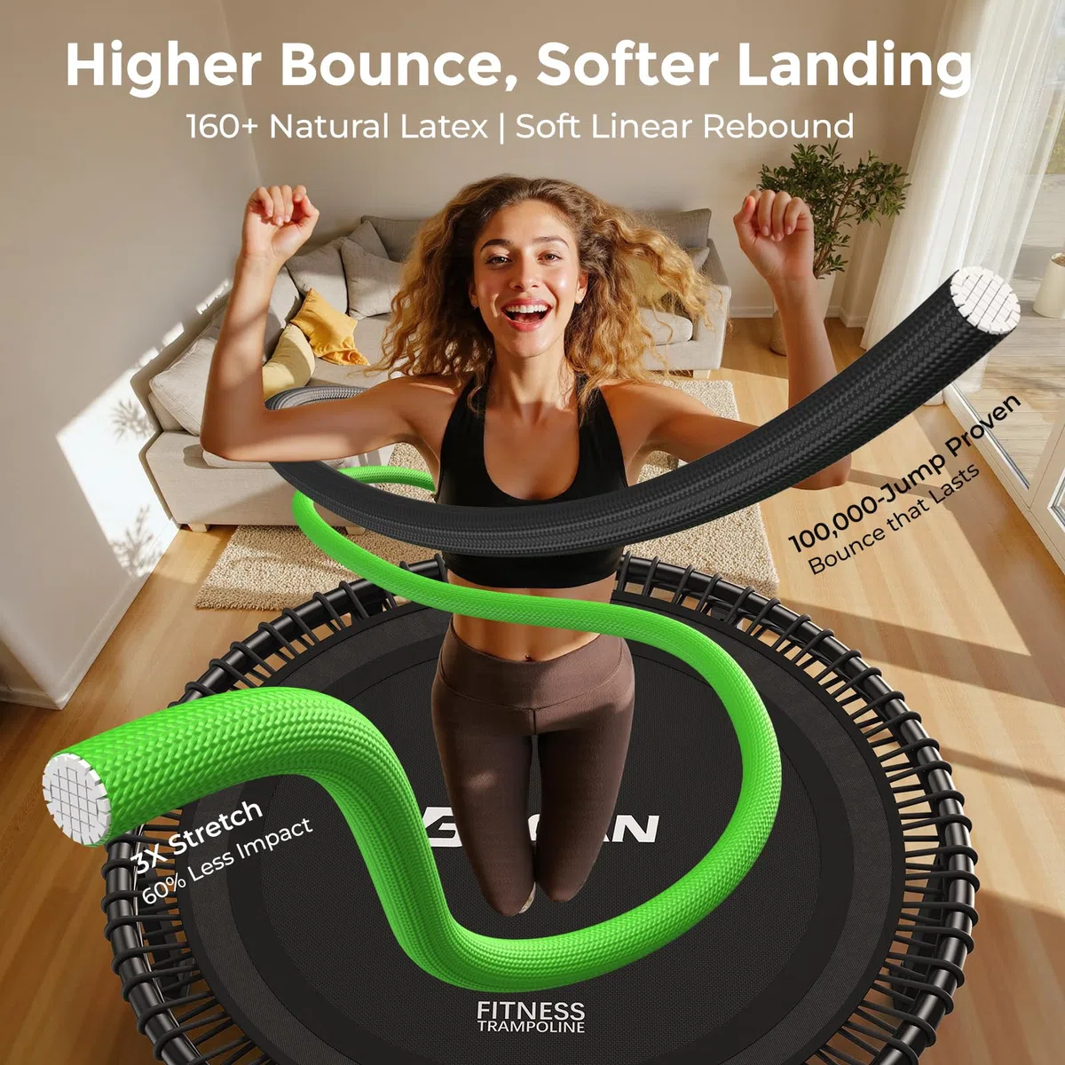 B BCAN BT4 102cm Soft Land Pro Bungee-Rebounder-Trampolin für Erwachsene,Tragkraft 227kg,Bungee-Seile& Griff mit Einstellbarer Spannung,einteiliger Rahmen (16 Gauge),Handyhalterung&Socken