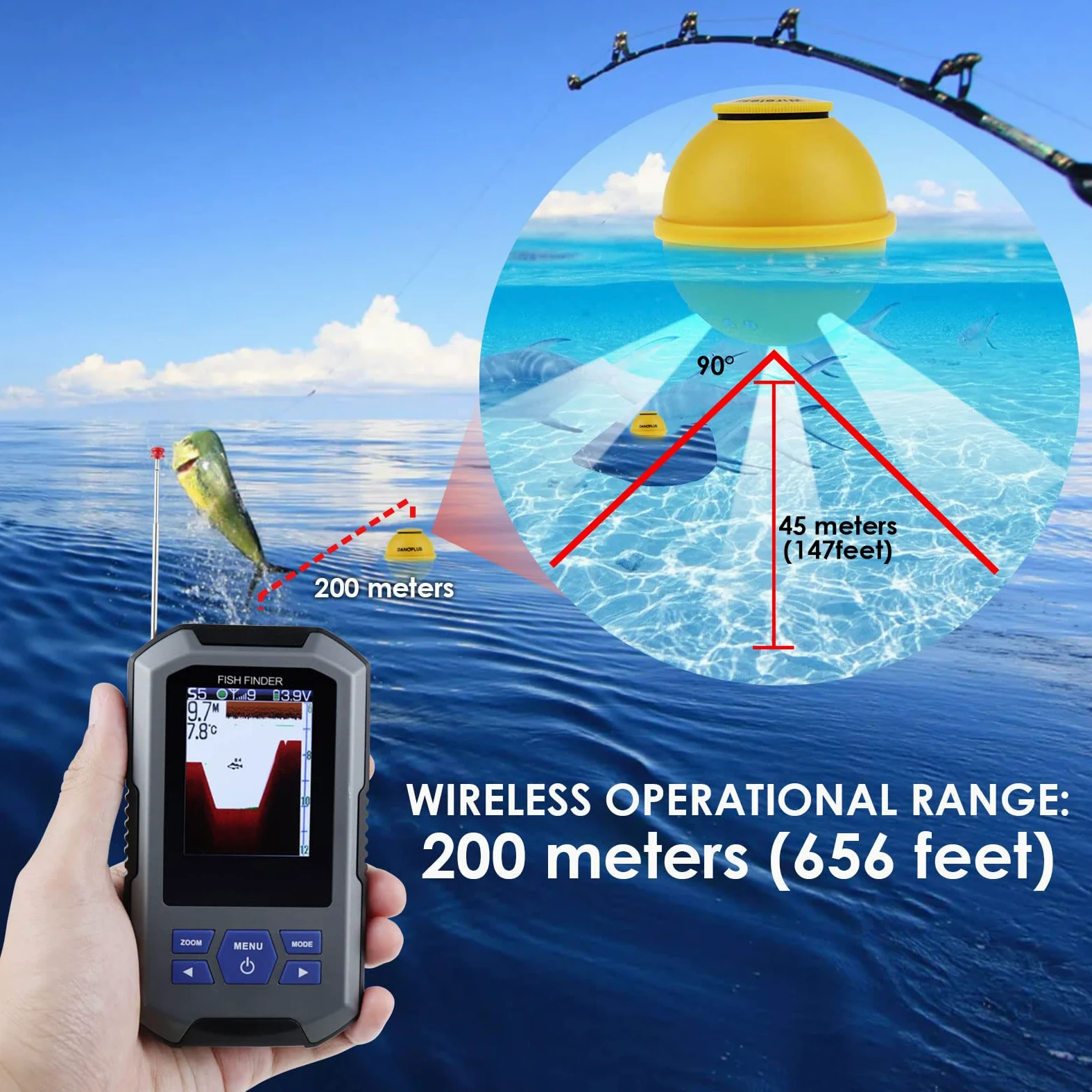 Fischfinder Wireless Sonar Sensor 125kHz Frequenz 45 Meter / 147 Fuß, Tragbarer Fish Finder mit Tiefenalarm Funktion und großes LCD-Display