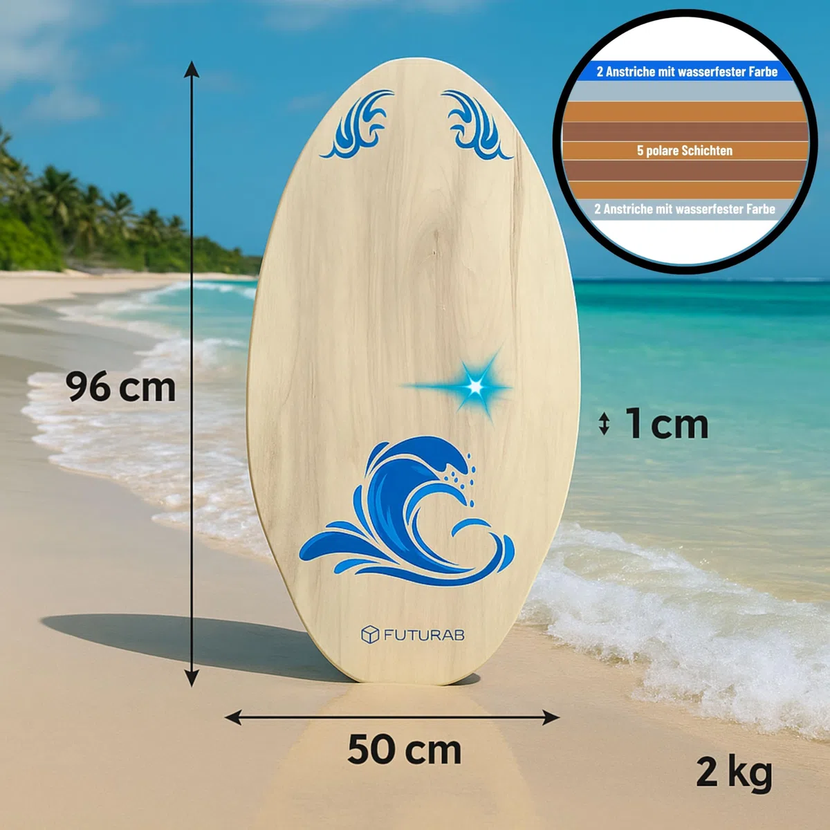 Skimboard aus Holz FUTURA8 – Leichtes rutschfestes wasserfestes Board für Erwachsene und Anfänger – Strand Nasser Sand und kleine Wellen