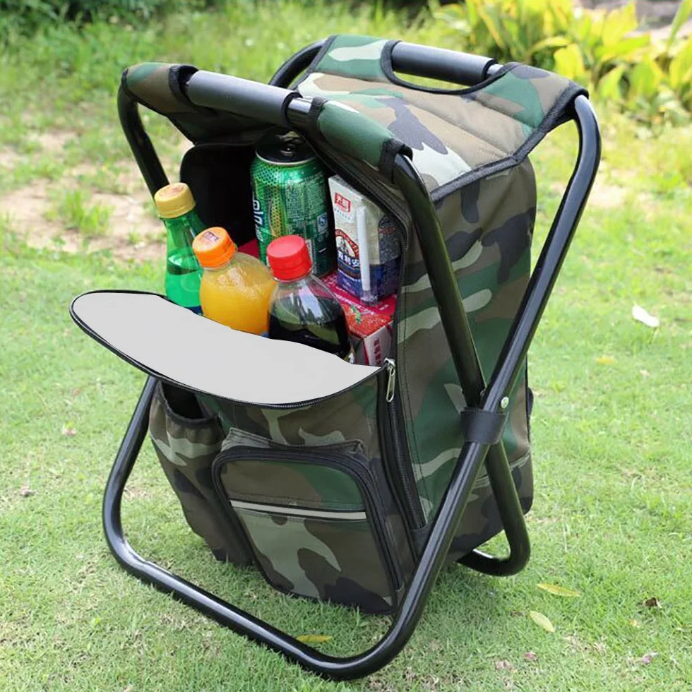 Sitzrucksack Klapp Campingstuhl Hocker Rucksack mit Kühler isolierte Picknick Tasche, Camouflage Portable Wandern Sitz Tisch Tasche für Outdoor Indoor Fishing Travel Beach BBQ