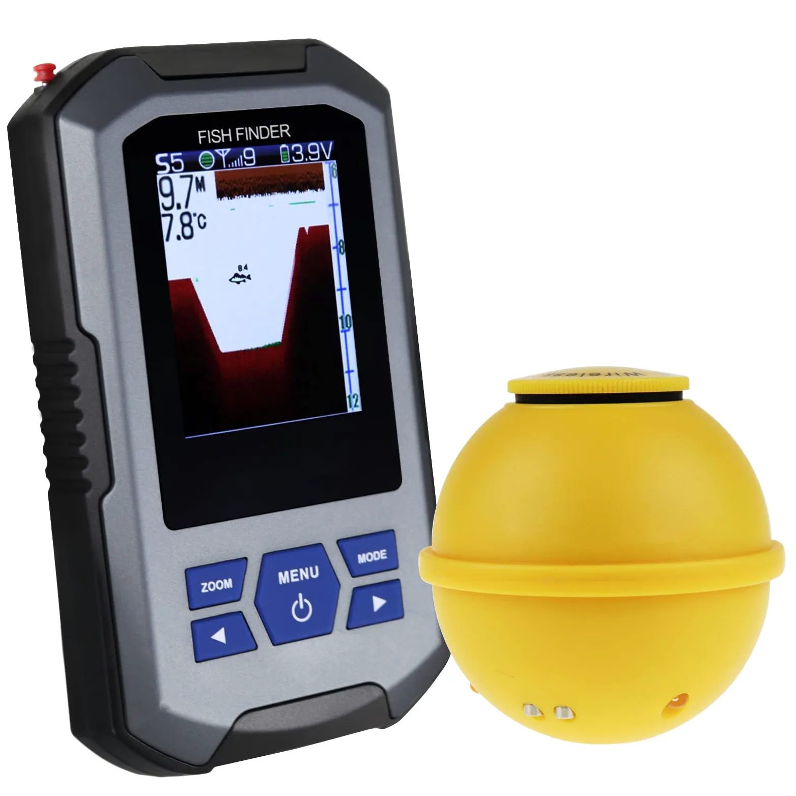 Fischfinder Wireless Sonar Sensor 125kHz Frequenz 45 Meter / 147 Fuß, Tragbarer Fish Finder mit Tiefenalarm Funktion und großes LCD-Display
