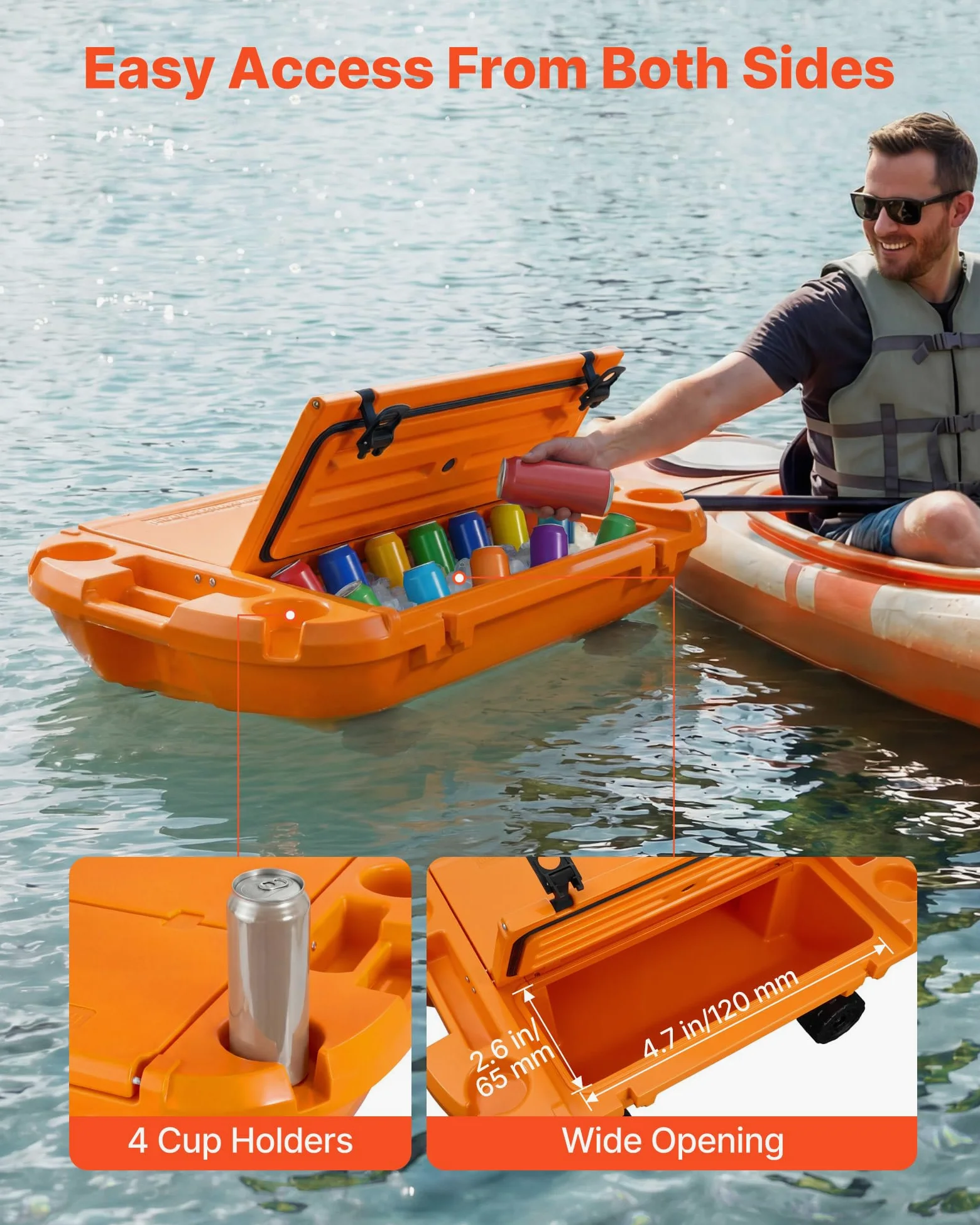VEVOR Amphibischer Schwimmender Kühler, 37,9 L Schwimmender Getränkekühler mit Trockenfach Rädern Zugseil für Wasser & Land, Kippstablier Kühlbehälter aus LLDPE für Pool Fluss Seen Strand Meer, Orange