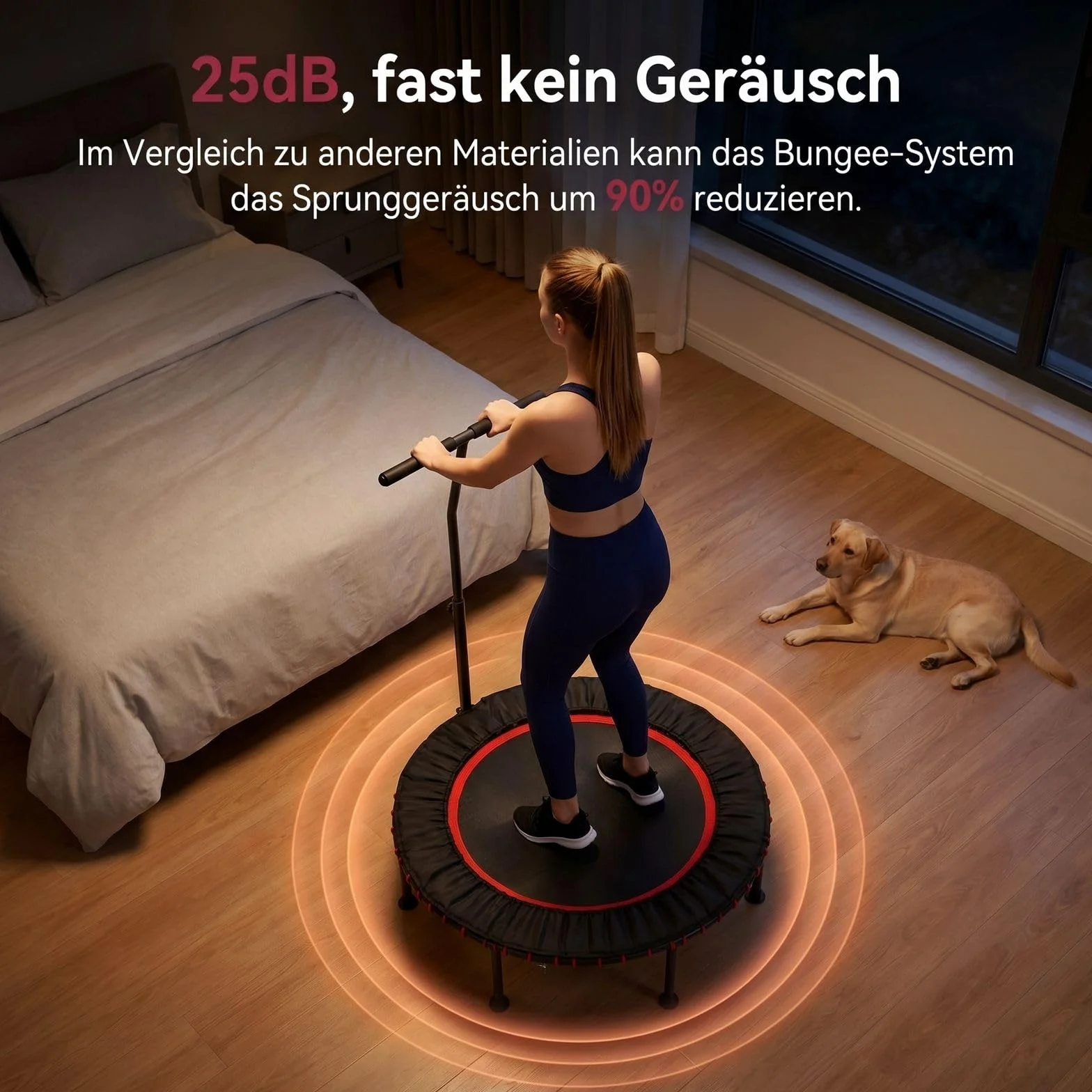 LIFERUN Ø102/122cm Fitness Trampolin Indoor mit Randabdeckung, bis 150kg, 3-stufiger Haltegriff, ohne Montage, geräuscharme Gummiseilfederung, für Erwachsene und Kinder, für drinnen und draußen