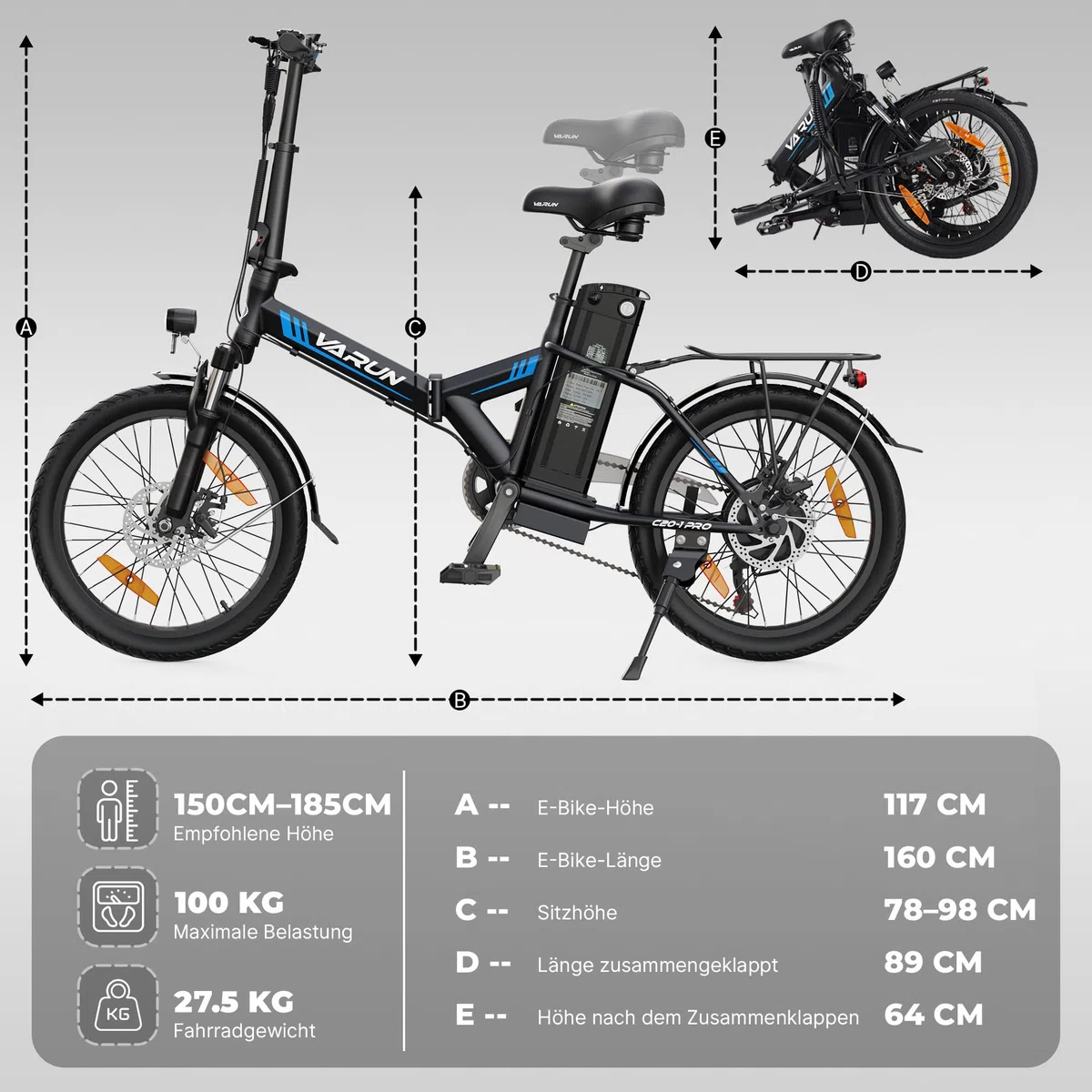 VARUN E Bike, 20 Zoll E-Bike Klapprad mit 48V 624 Wh Akku, Max 100 KM, Ebike Damen Herren mit 250W Motor, 25KM/H, 7-Gang, Elektrofahrrad City Ebike für Pendler und Camping, EU-Konformes