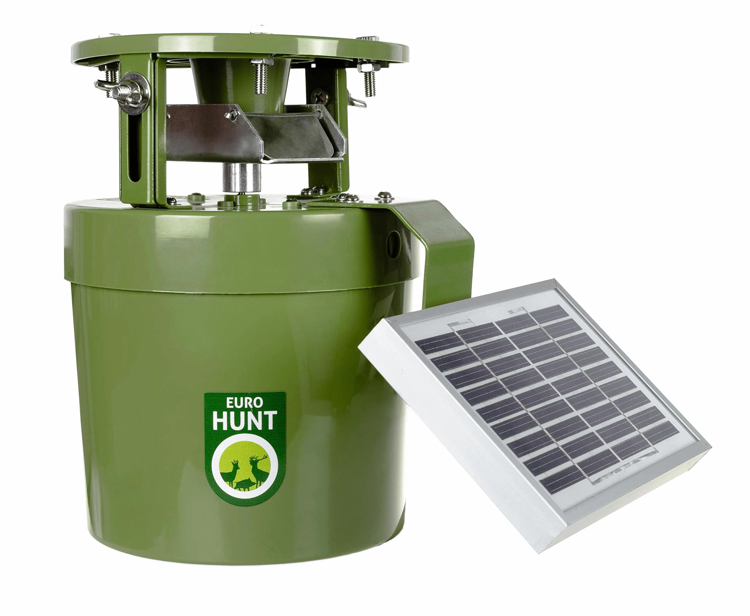 EUROHUNT Futterautomat Light 6V, Komplettset, Automat für Tierfütterung mit Solarpanel & 6V-Akku + Ladekabel, wetterfest, grün, ca. 22,5 x 20,5 x 18cm