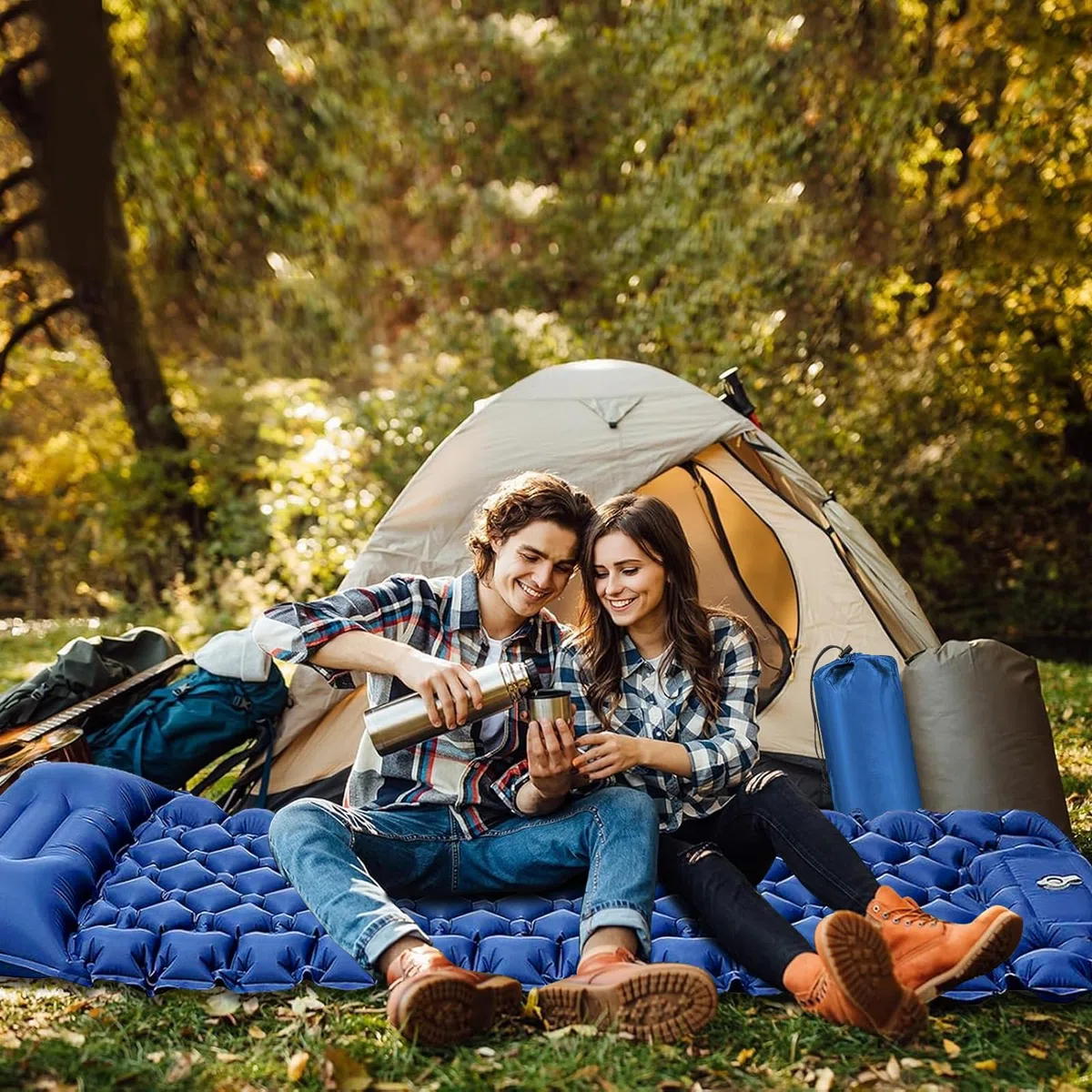 Raxfekro Camping Isomatte Luftkissen, 8cm Dicke Outdoor Selbstaufblasbare Luftmatratze, Luftmatratze mit Fußpresse Pumpe und Kissen für Wandern, Reise, Strand