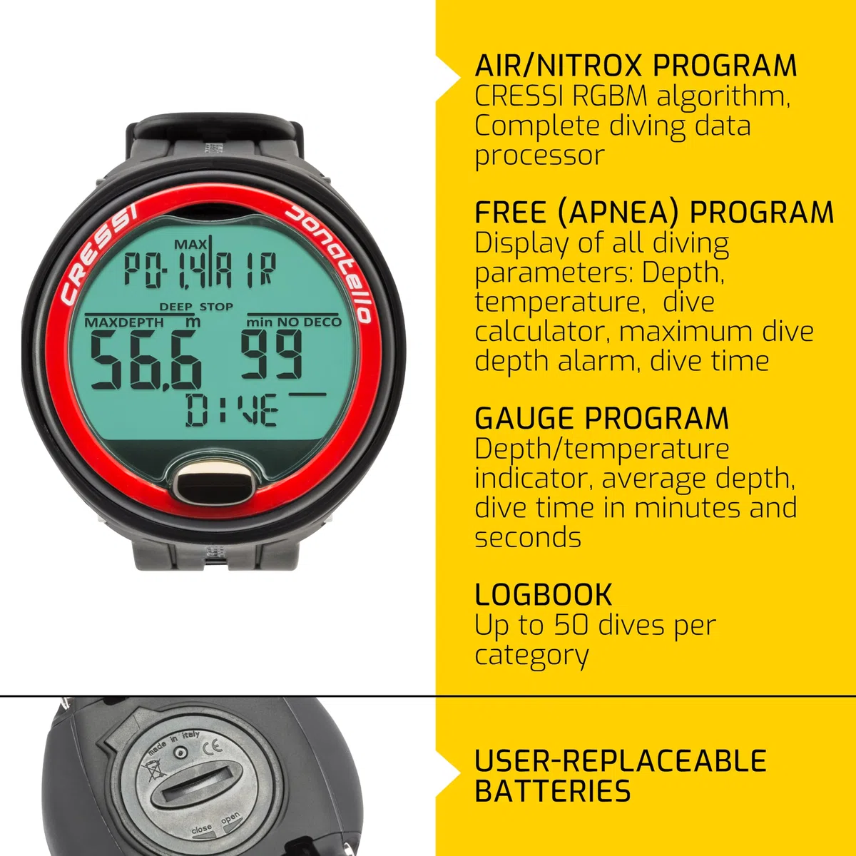 Cressi Donatello Tauchcomputer – Luft- und Nitrox-Modus, Apnoe- und Gauge-Modus – 150 Meter wasserdicht, Hochkontrast-Display – Benutzerwechselbare Batterie, Deep Stop, CNS-Sauerstoffanzeige