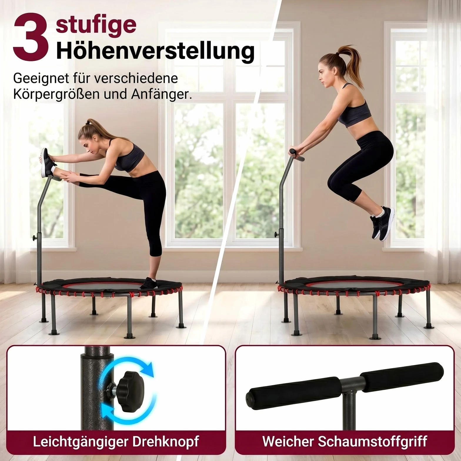 LIFERUN Ø102/122cm Fitness Trampolin Indoor mit Randabdeckung, bis 150kg, 3-stufiger Haltegriff, ohne Montage, geräuscharme Gummiseilfederung, für Erwachsene und Kinder, für drinnen und draußen