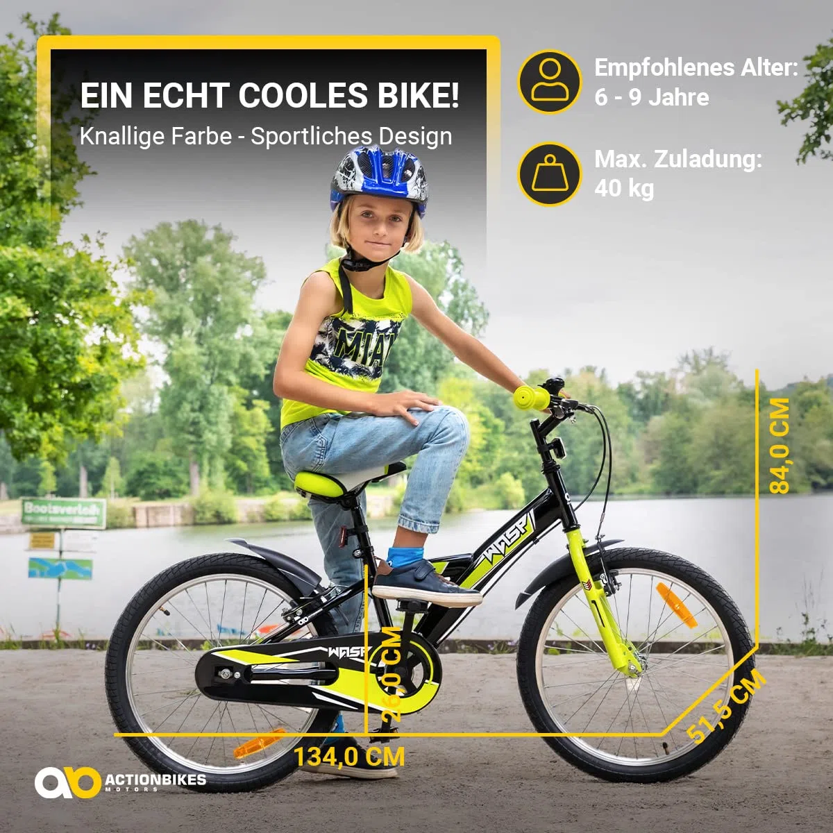 Actionbikes Kinderfahrrad Wasp | 20 Zoll - V-Brake Bremsen - Fahrrad für Kinder von 6-9 Jahren - Schutzblech v. / h - Kinder Fahrrad für Mädchen & Jungen - Fahrräder - Bicycle - Kinderrad - Bike
