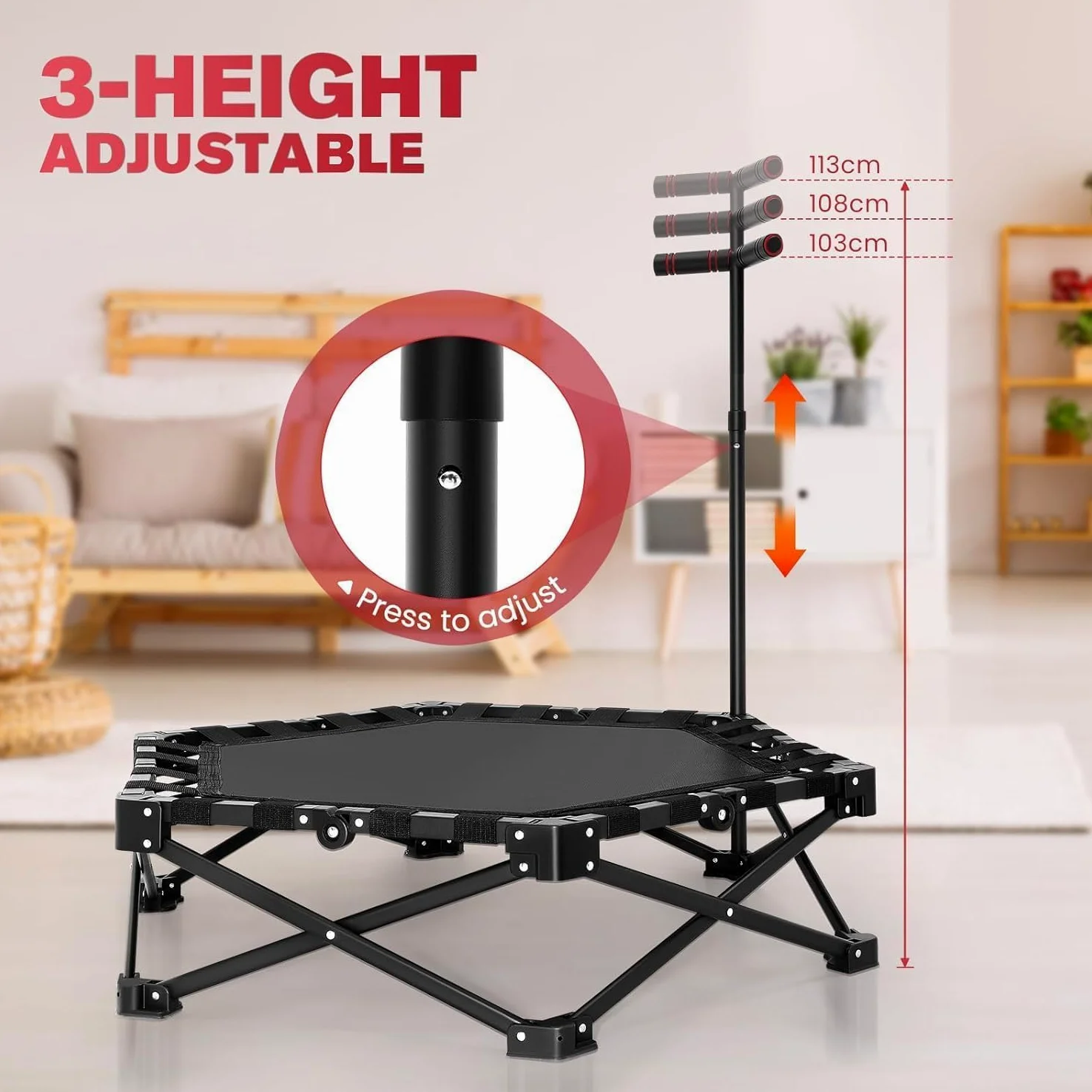 Fitness Trampolin klappbar,150KG Tragfähigkeit 3 verstellbare Handgriffstufen klappbar Tragbares mit geräuscharmes Design Stabiler&leiser Übungs-Rebounder für Kinder&Erwachsene