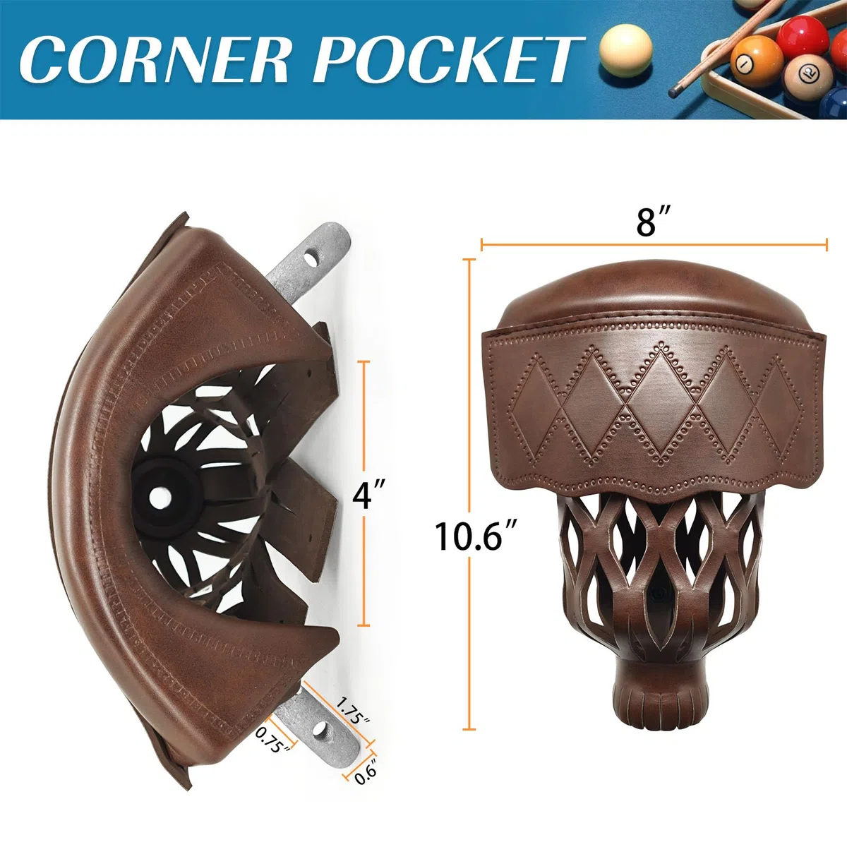 Billardtischtaschen, robustes PU-Leder, 6er-Set, inklusive 4 Ecktaschen und 2 Seitentaschen