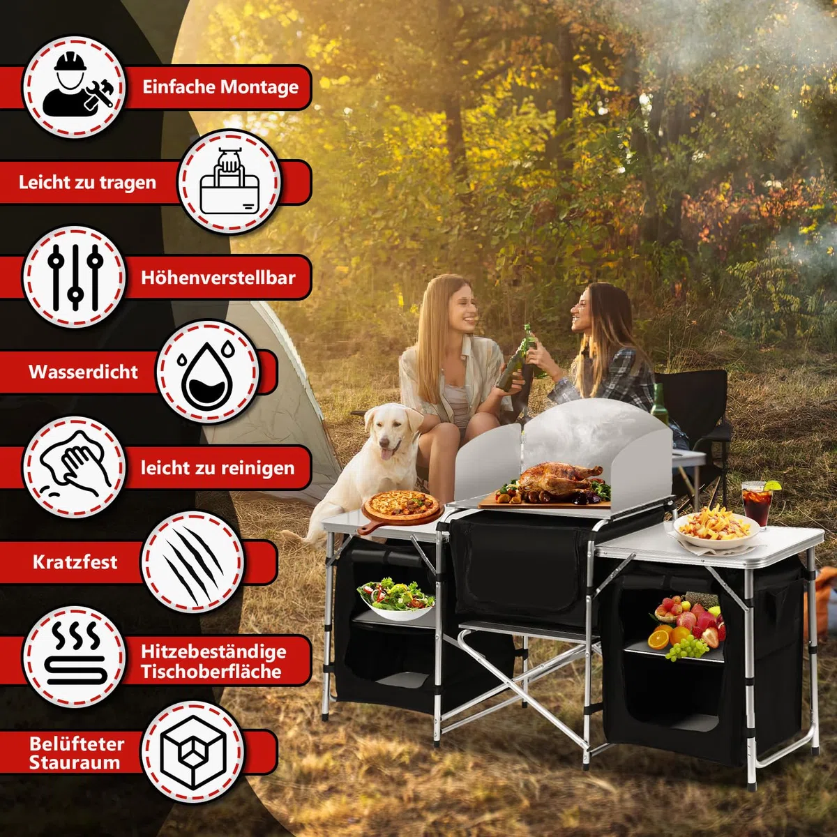 Daromigo XXL Campingküche faltbar, 3 Arbeitsflächen & 5 Fächer – Mobile Outdoor Kochstation mit Windschutz & Tasche, Großer Campingschrank stabil für Familien, Grillen & Wohnmobil