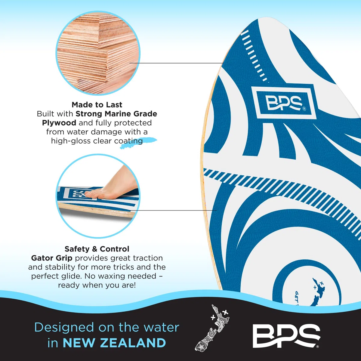 BPS New Zealand 'Koru' Skimboard mit farbigem Eva-Griffpolster und hochglänzendem Klarlack aus Holz für Kinder und Erwachsene, wählen Sie aus 3 Größen und Farbe des Traktionspads