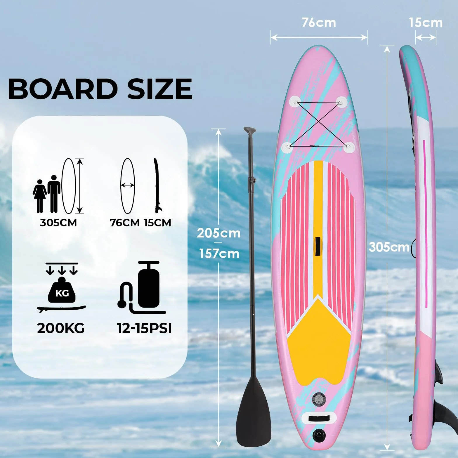 Stand Up Paddling Board 305cm Adults SUP Aufblasbares Stand Up Paddle mit Allem Zubehör, für Aller Fähigkeitsniveaus, 200kg Tragkraft für 2 Personen
