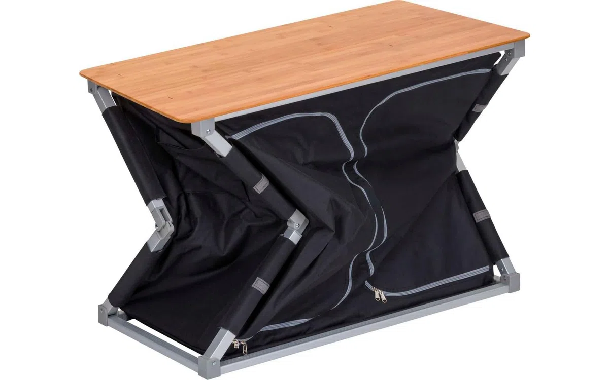 Küchenbox Deluxe für Camping – Faltbar mit 4 Staufächern, spritzwassergeschützte Bambus-Arbeitsplatte, Tragetasche, Outdoor Campingschrank, mobile Kochstation für Camping und Outdoor-Aktivitäten
