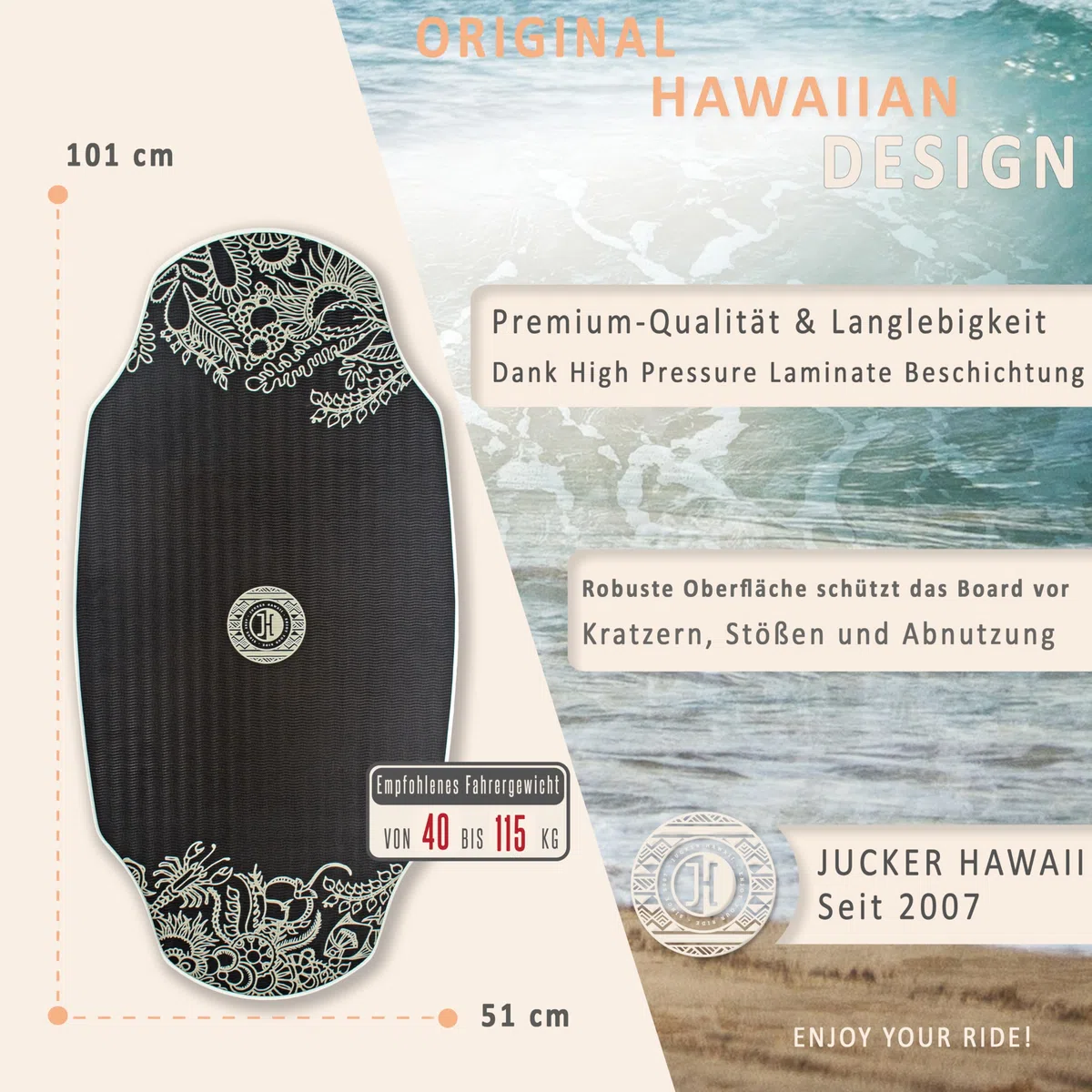 JUCKER HAWAII Skimboard – Profi Skimboard mit HPL-Beschichtung, Anti-Rutsch Oberfläche, Ultra schnell, extrem robust und langlebig, bis 115 kg belastbar – für Einsteiger bis Profi