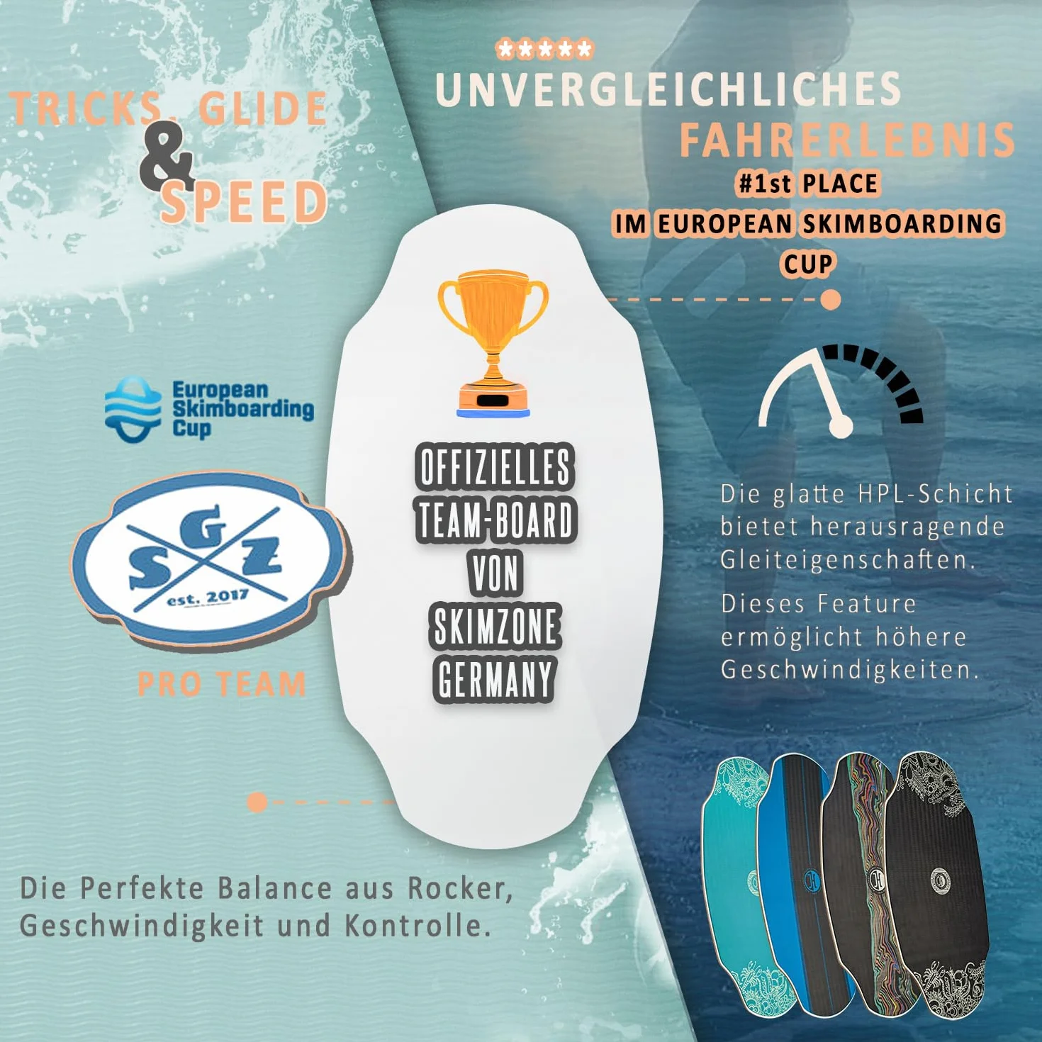 JUCKER HAWAII Skimboard – Profi Skimboard mit HPL-Beschichtung, Anti-Rutsch Oberfläche, Ultra schnell, extrem robust und langlebig, bis 115 kg belastbar – für Einsteiger bis Profi