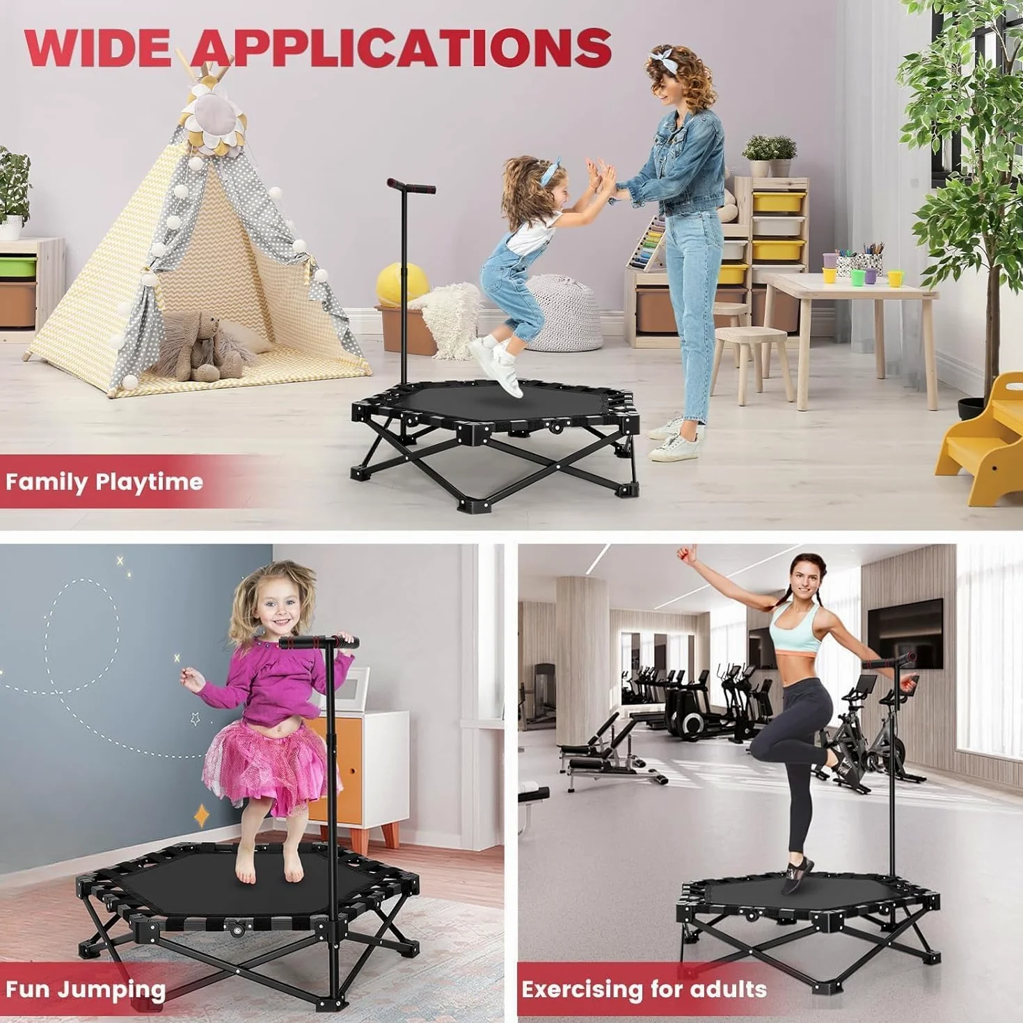 Fitness Trampolin klappbar,150KG Tragfähigkeit 3 verstellbare Handgriffstufen klappbar Tragbares mit geräuscharmes Design Stabiler&leiser Übungs-Rebounder für Kinder&Erwachsene