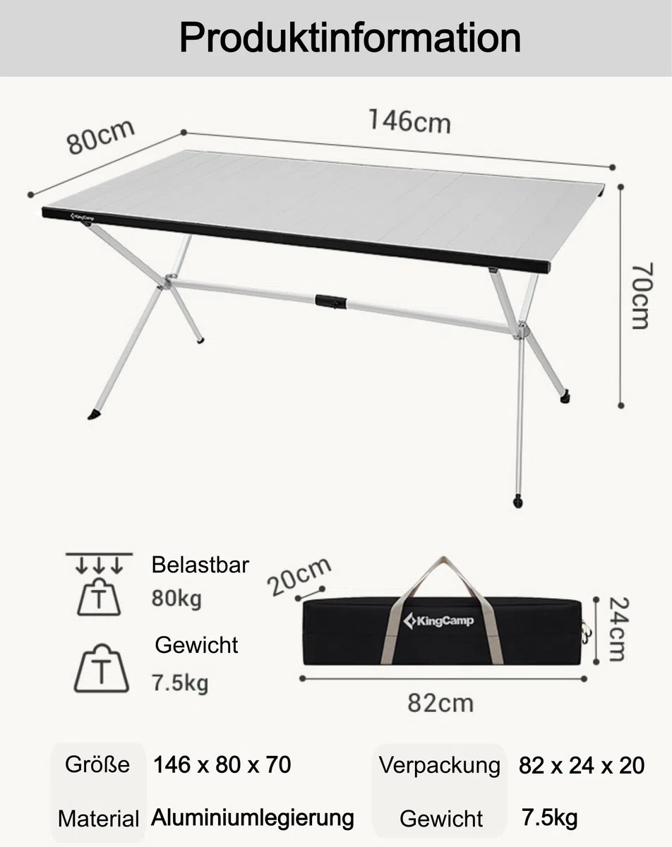 KingCamp Aluminium Campingtisch Klapptisch Couchtisch Gartentisch Tisch Leicht für 4-6 Personen
