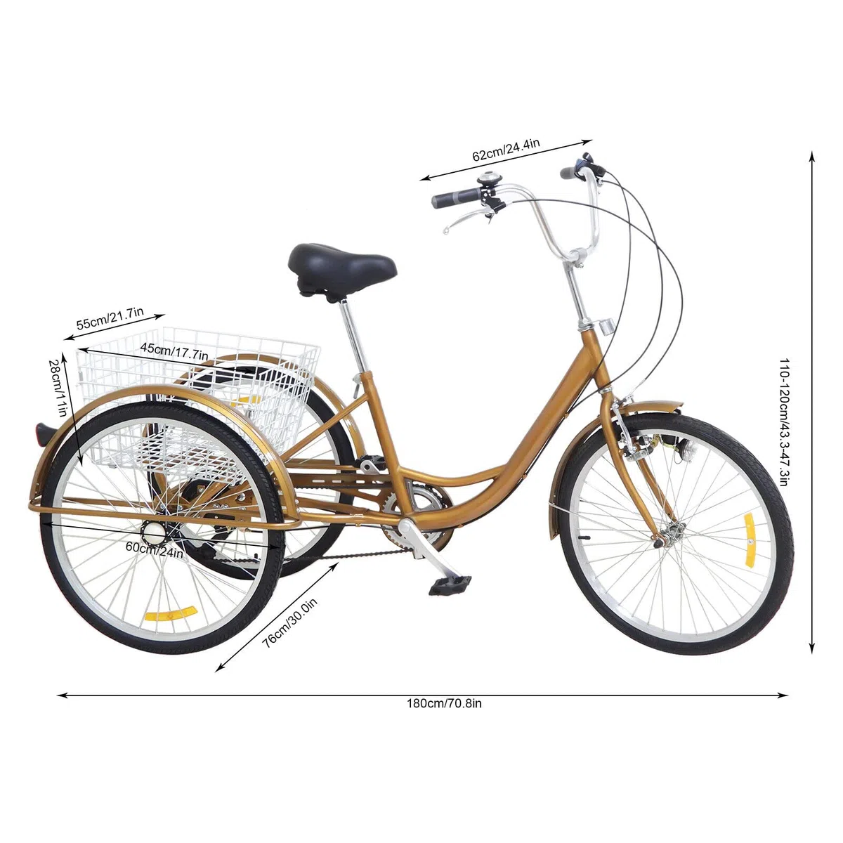 24" 6-Gang-Dreirad für Erwachsene, Senioren-Einkaufs-Lastenrad, Freizeit-Cruiser mit Einkaufskorb und Rückenlehne, geeignet für Männer und Frauen