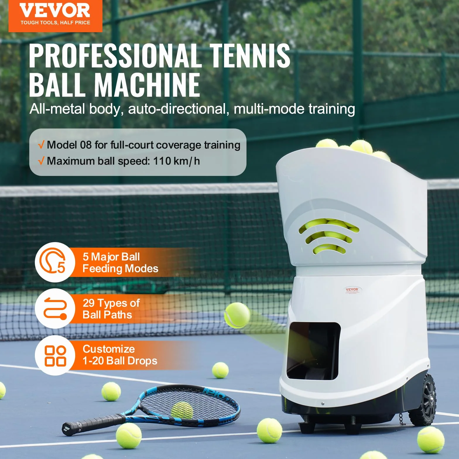 VEVOR Tennisballmaschine, tragbarer Tennisballwerfer, Übungswerfer für 150 Bälle, Tennistraining, 5 Motoren, Multimodus-Übungen, über 2 Std. Spielzeit, wiederaufladbarer Akku, Fernbedienung per App