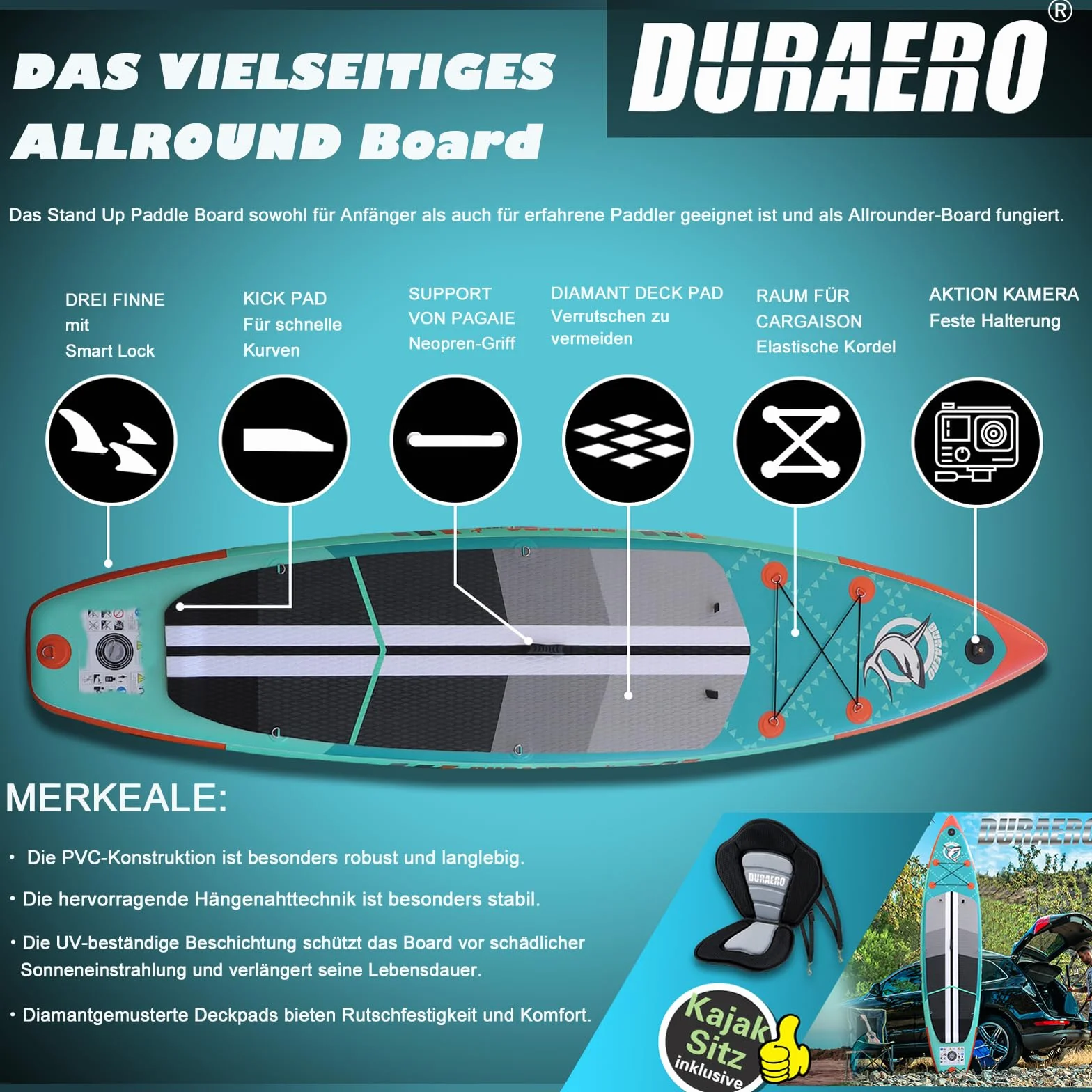 Stand up Paddling Board Aufblasbare SUP Set, Kajak Sitz,330x76x15cm, Tragkraft bis 150Kg, Cam Halterung,Integrierte Kick-Pad, 3 Finnen, Verstellbares Doppel-Paddel, Komplettes Zubehör, Mintgrün