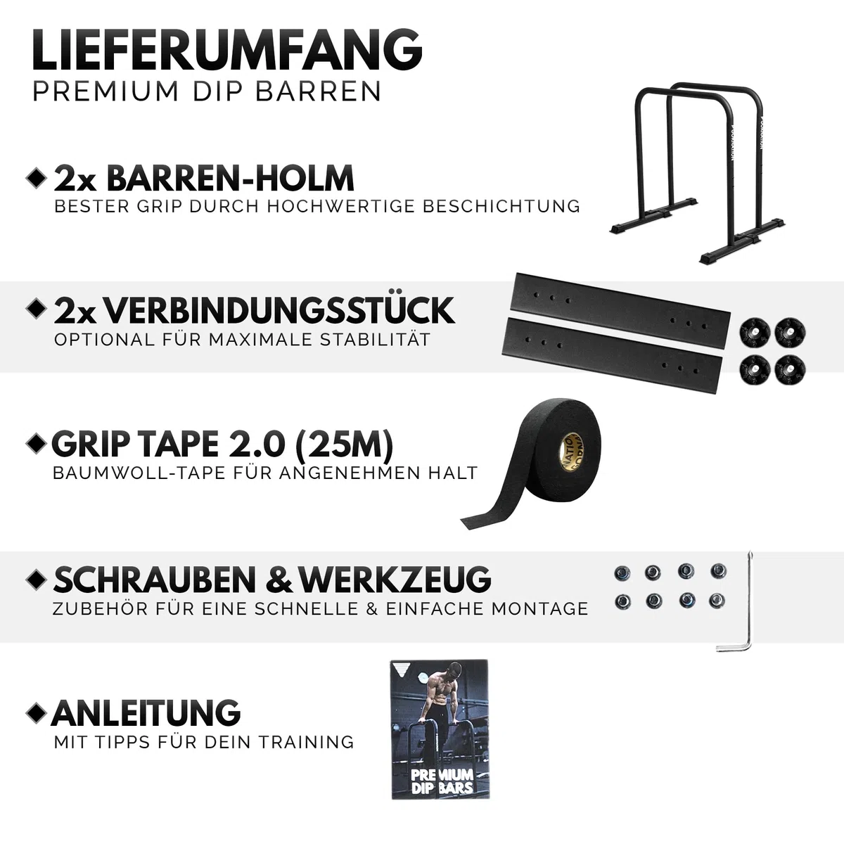GORNATION Premium Dip Barren, Dip Stange, Verstellbares Calisthenics & Fitness Trainingsgerät mit rutschfesten Füßen, Dip Station für Home und Outdoor Workout Bars