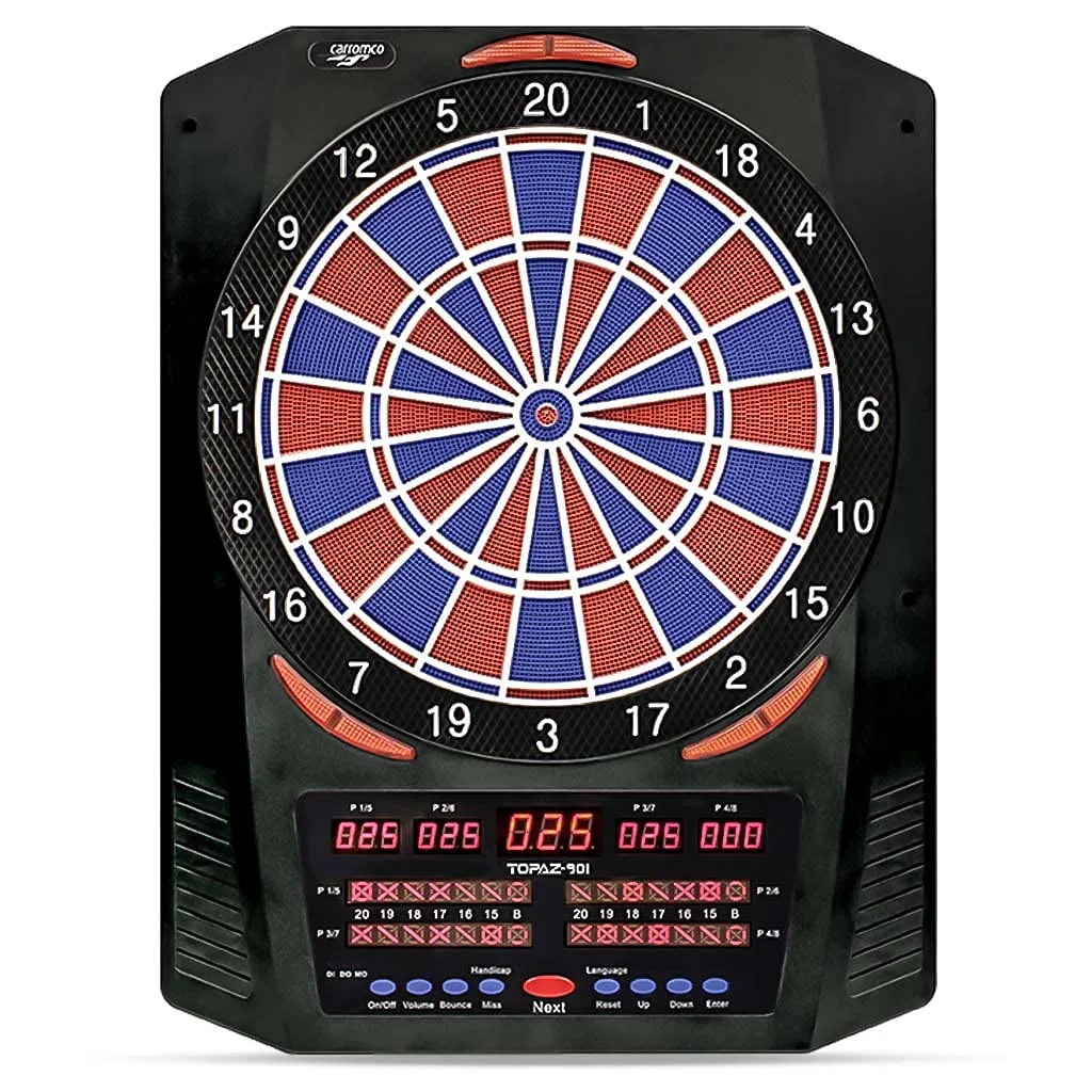 Carromco TOPAZ-901 E-Dartboard | Profi 2-Loch | Massive 761 Varianten | PREMIUM-VIELFALT: Elektronischer Dartautomat fuer 1-8 Spieler mit 40 Spielen incl Cricket. Komplett-Set mit Softdarts