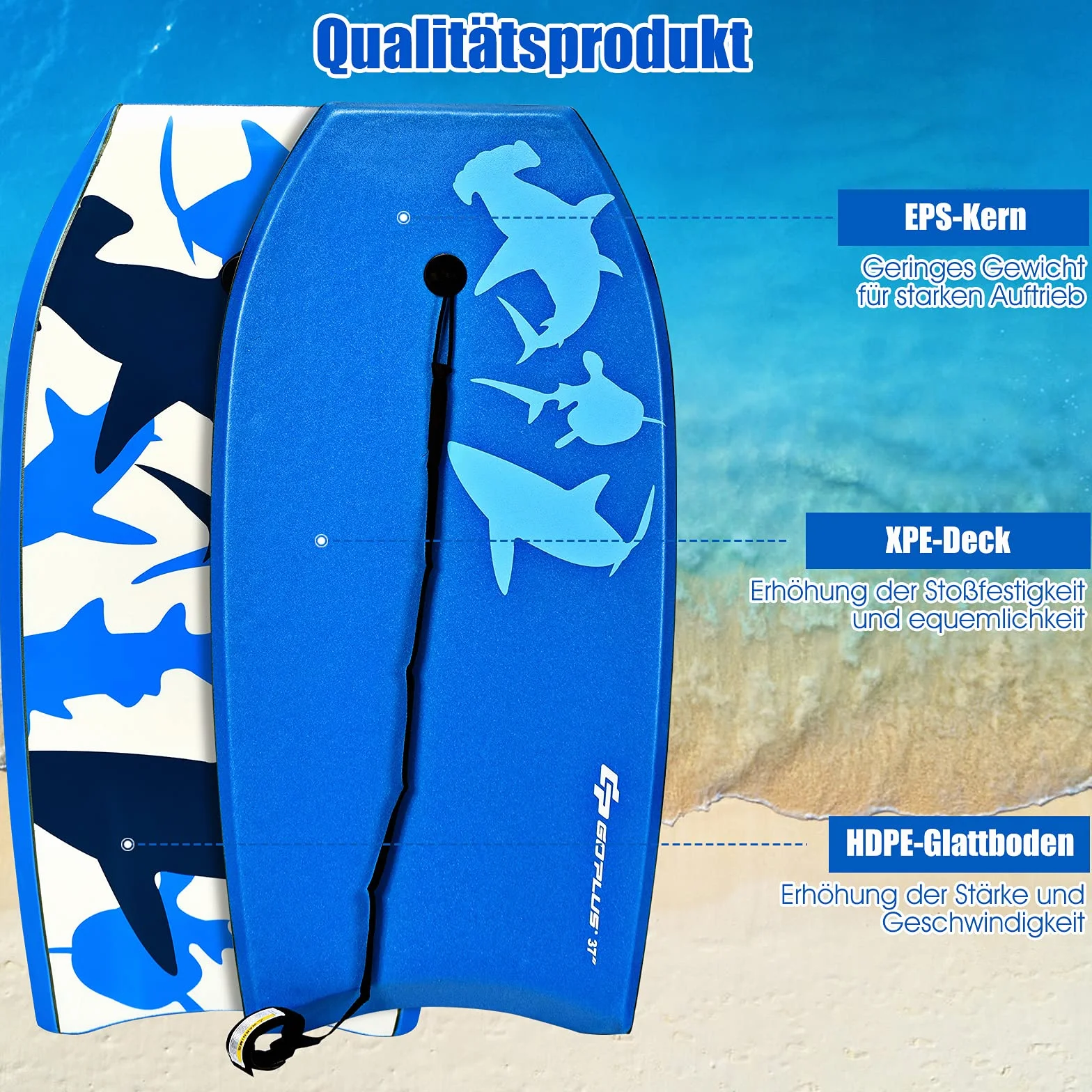 RELAX4LIFE Schwimmbrett tragbar, Schwimmboard mit Halteleine, Rutschfestes Surfbrett für Kinder & Erwachsene, Hohe Belastbarkeit, Bodyboard Shortboard, XPE HDPE