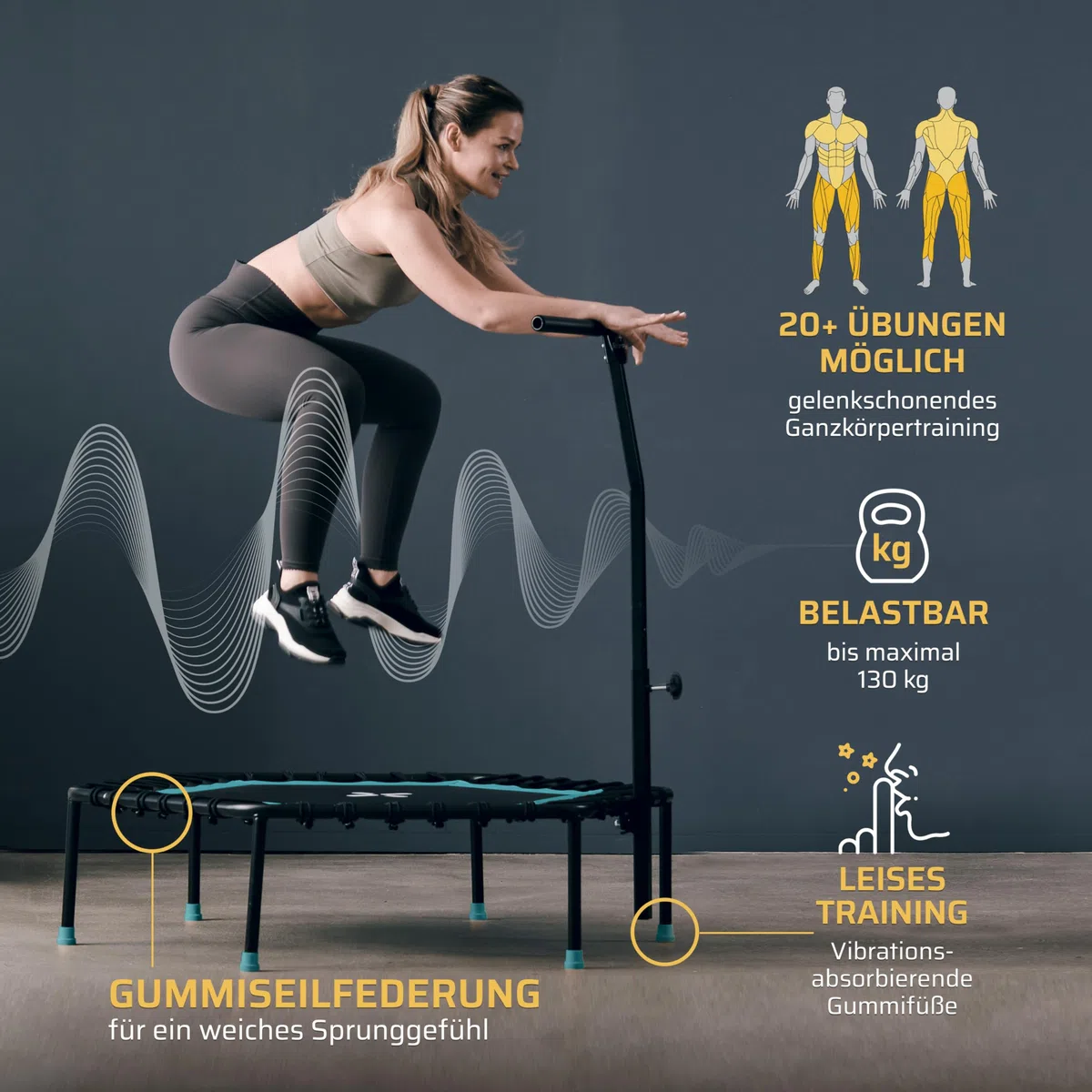 SportPlus Fitness Trampolin Indoor für Zuhause, Trampolin mit Haltestange höhenverstellbar, Gummiseilfederung, Workout & Cardiotraining, Premium-Qualität Designed in Germany 130kg