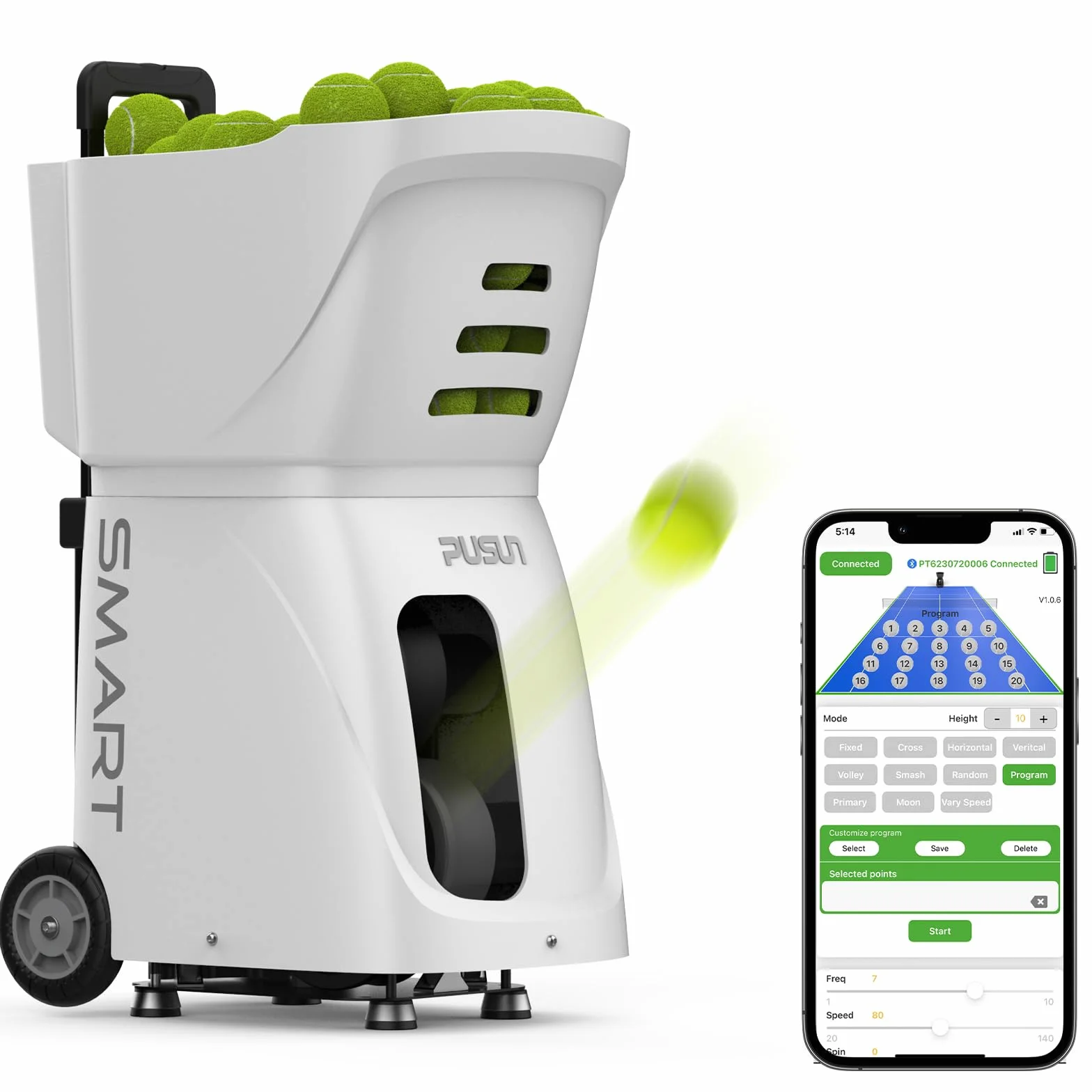 PT-Smart Tennisballmaschine mit App, Fernbedienung | Elektronischer tragbarer Ballwerfer | 4-6-Stunden-Akku | Oszillation mit Topspin & Backspin | Trainingsgeräte für Erwachsene | Court Practice