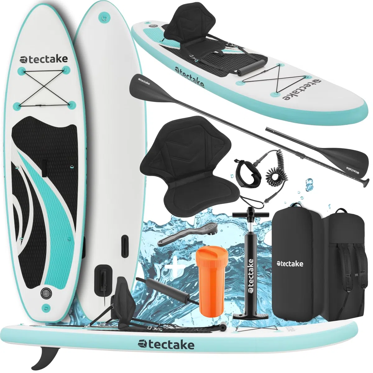 tectake® Stand Up Paddle Board, SUP aufblasbar, Standup, SUB mit Pumpe, Kajak Boot Sitz, Finnen, Rucksack, Doppelpaddel, Paddel, für Wassersport und Paddling, bis 200 kg belastbar - weiß/türkis