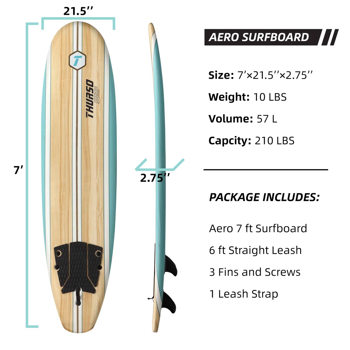 Thurso SURF Aero Softtop-Surfbrett, 214 x 57 x 7 cm, EPS-Kern, 3 Finnen & Leash, für Anfänger, Kinder und Erwachsene