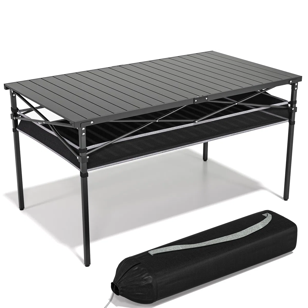 Campingtisch Klappbar mit Aluminium Aufrollbare Tischplatte, Camping Rolltisch Faltbar für 4-6 Personen mit Netztasche, Klapptisch Camping mit Tragetasche bis 100KG