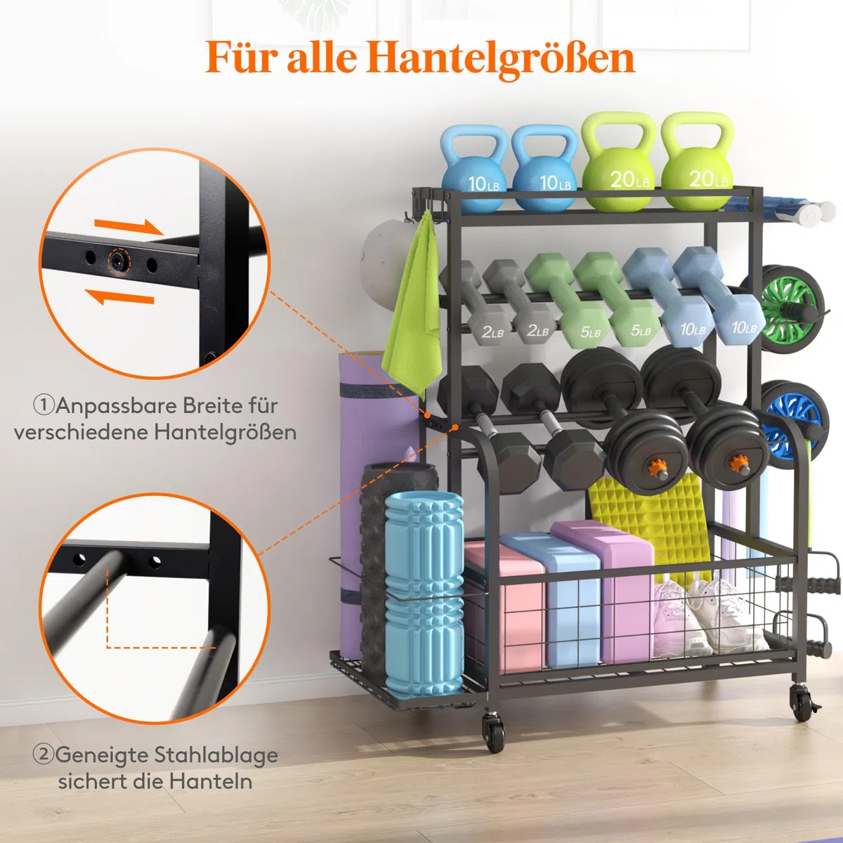 Lifewit Hantelständer für Home Gym, Hantelablage mit Abschließbare Universal-Räder und Haken, Kettlebell Rack, Yoga-Mattenhalter, Hantelregal für Krafttraining, Gewichtsregal für Haus, Garage, Mittel