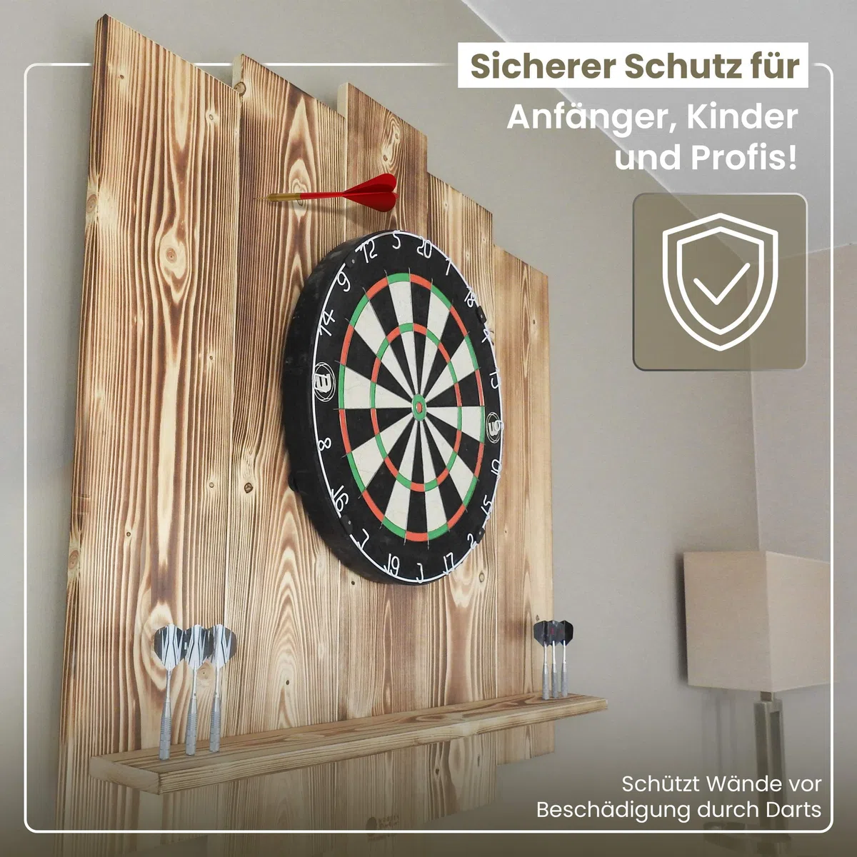 Wooden Dartboard Surround | Premium Dart-Wandschutz & Tablet-Halter (Optional) | Geflammter Burned Look oder Color Design (Catchring, Dart Umrandung, Backboard)
