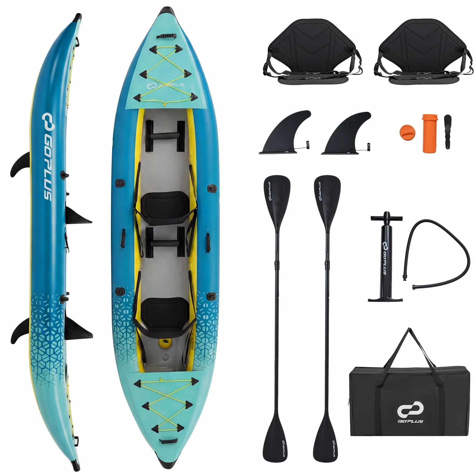 FANTASK kajak aufblasbar, Schlauchboot 2 Personen mit Aluminiumrudern, aufblasbares Kanu gepolstertem Eva-Sitz, Handpumpe & Reparaturset, Kayak 230 kg Gewichtskapazität mit Tragetasche (Türkisblau)