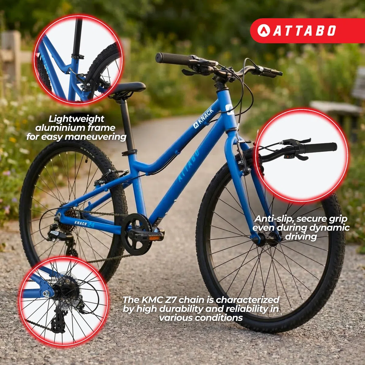 ATTABO Leichtes Fahrrad für Alltag und Touren – Jugendfahrrad – Aluminium – 24 Zoll Blau – Für Jungen und Mädchen