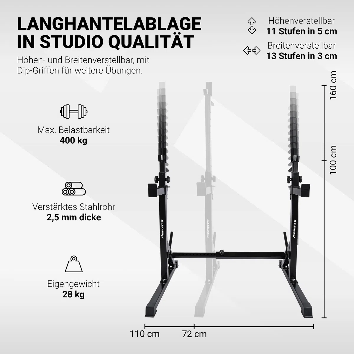 MSPORTS Hantelständer Premium – Höhenverstellbare Langhantel-Ablage & Squat Rack für Home-Gym und Studio – sicher, stabil & platzsparen