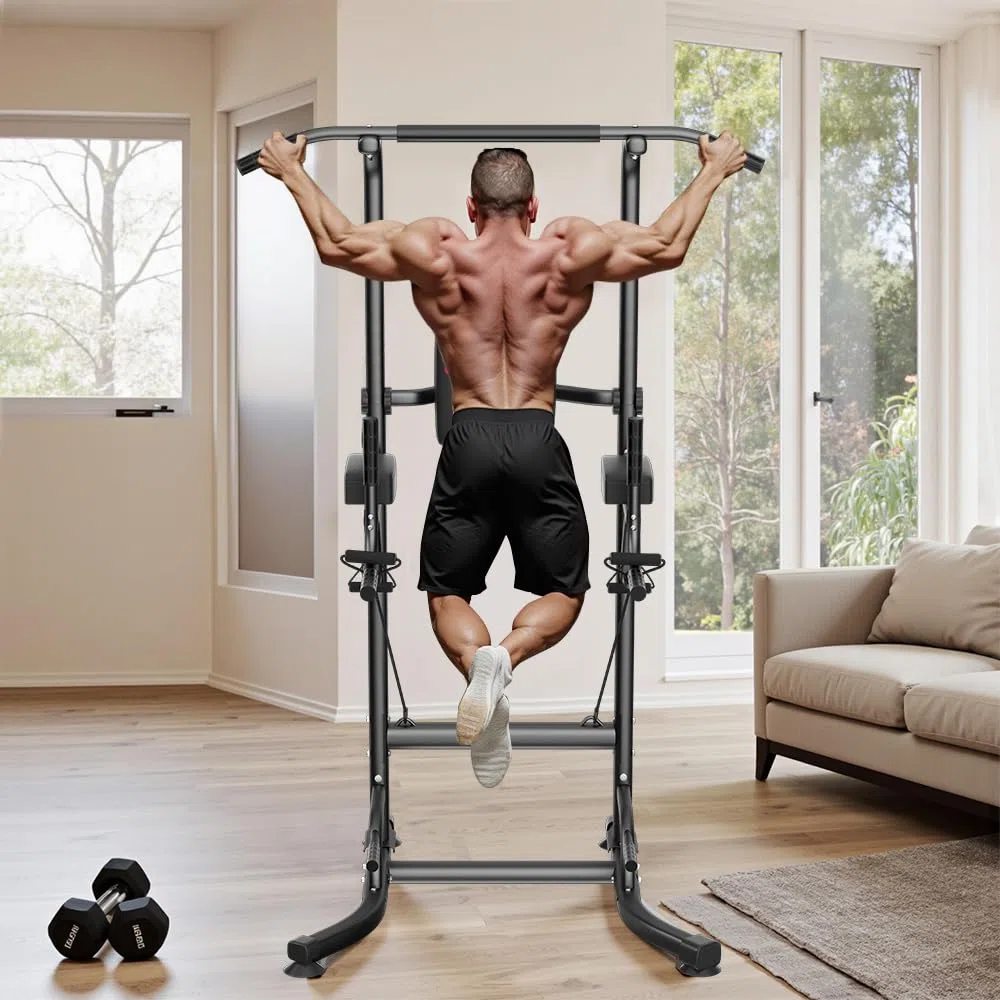 Power Tower Klimmzug- & Dip-Station für das Heim-Fitnessstudio – Verstellbare Höhenspanne, 150 kg Tragkraft mit rutschfesten Saugnäpfen, H-Stahl-Basis Power Rack