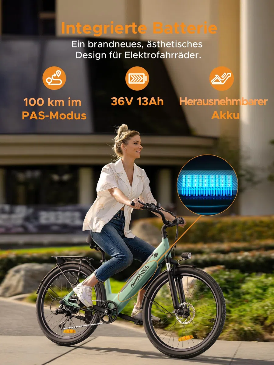 HillMiles Elektrofahrrad für Erwachsene, 26 Zoll, 7 Geschwindigkeiten, Elektrofahrrad mit 36 V, 13 Ah, abnehmbarer Akku, 25 km/h & Autonomie von 80 – 100 km E-Bike für Stadtpendler, IP65 wasserdicht