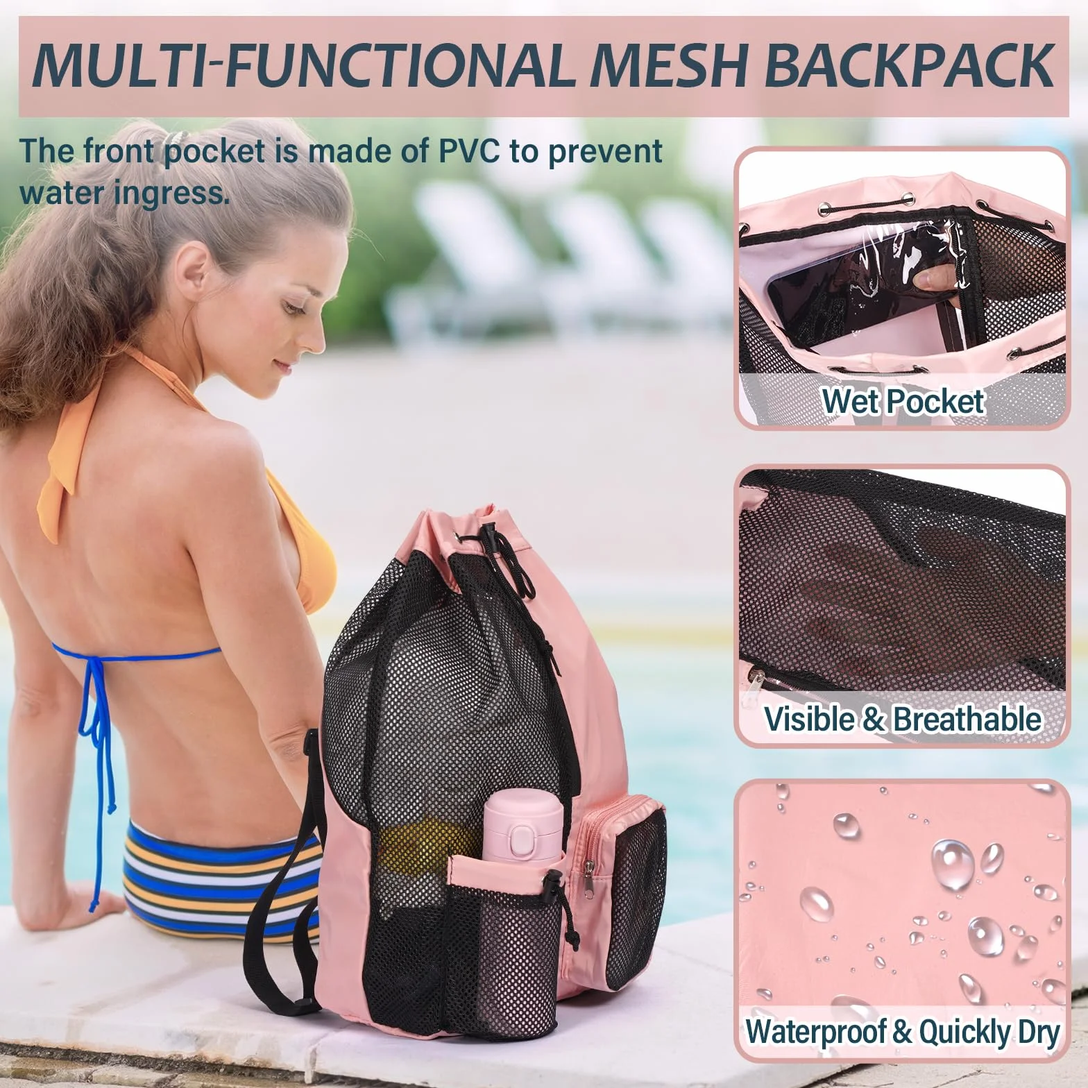 Mesh Schwimmrucksack Wasserdicht Sport Rucksäcke, Turnbeutel Schwimmbeutel Schwimm-Rucksack Große Kapazität, Schwimmtasche mit Mädchen Herren für Schwimm Fitness Training Sausrüstu
